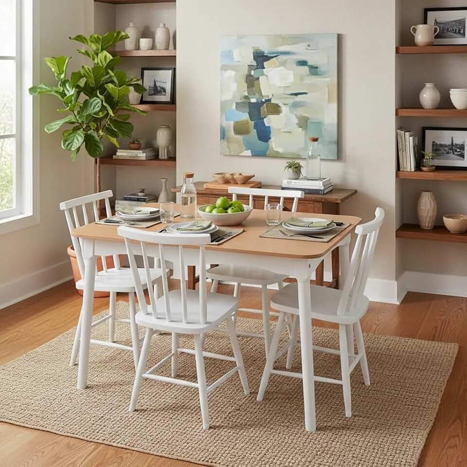 Jogo de Jantar Colonial Brisa Mesa 110x80cm com 04 Cadeiras Cor da Base Branco Tampo Mel Cadeira Branca