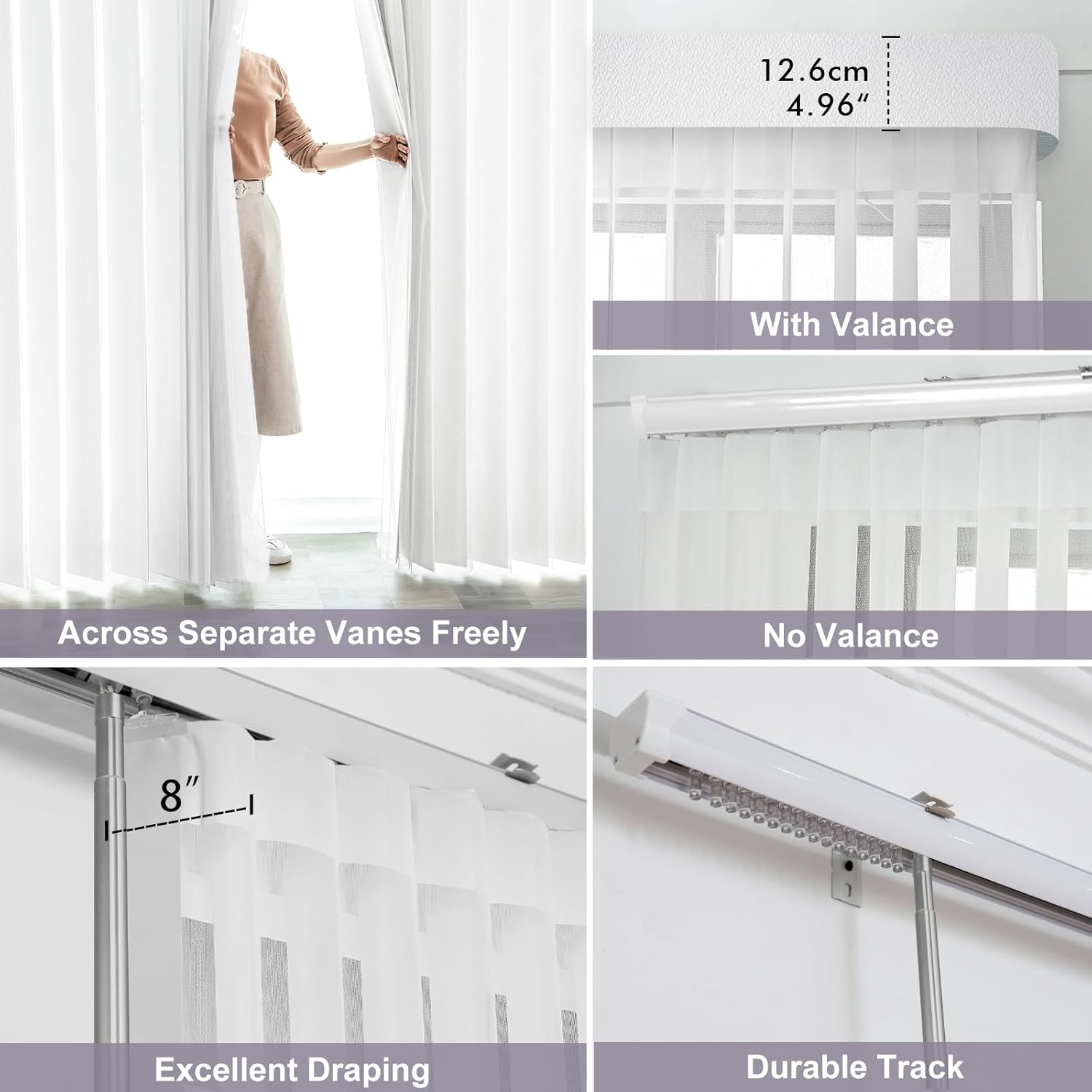 Graywind Manual Sheer Vertical Blinds Custom Size Adjust Light Fabric Sheer Free Wand Control Privacy Light Filtering Track Slats Set for Patio Sliding Glass Door Large Window (Snow)