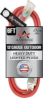 6 ft - 12 Gauge Extension Cord Outdoor - Made in USA - Lighted on Both Ends - Red Outdoor Extension Cord Waterproof by Ampere Cable - Heavy Duty Extension Cord 6 ft 15 Amp Extension Cord