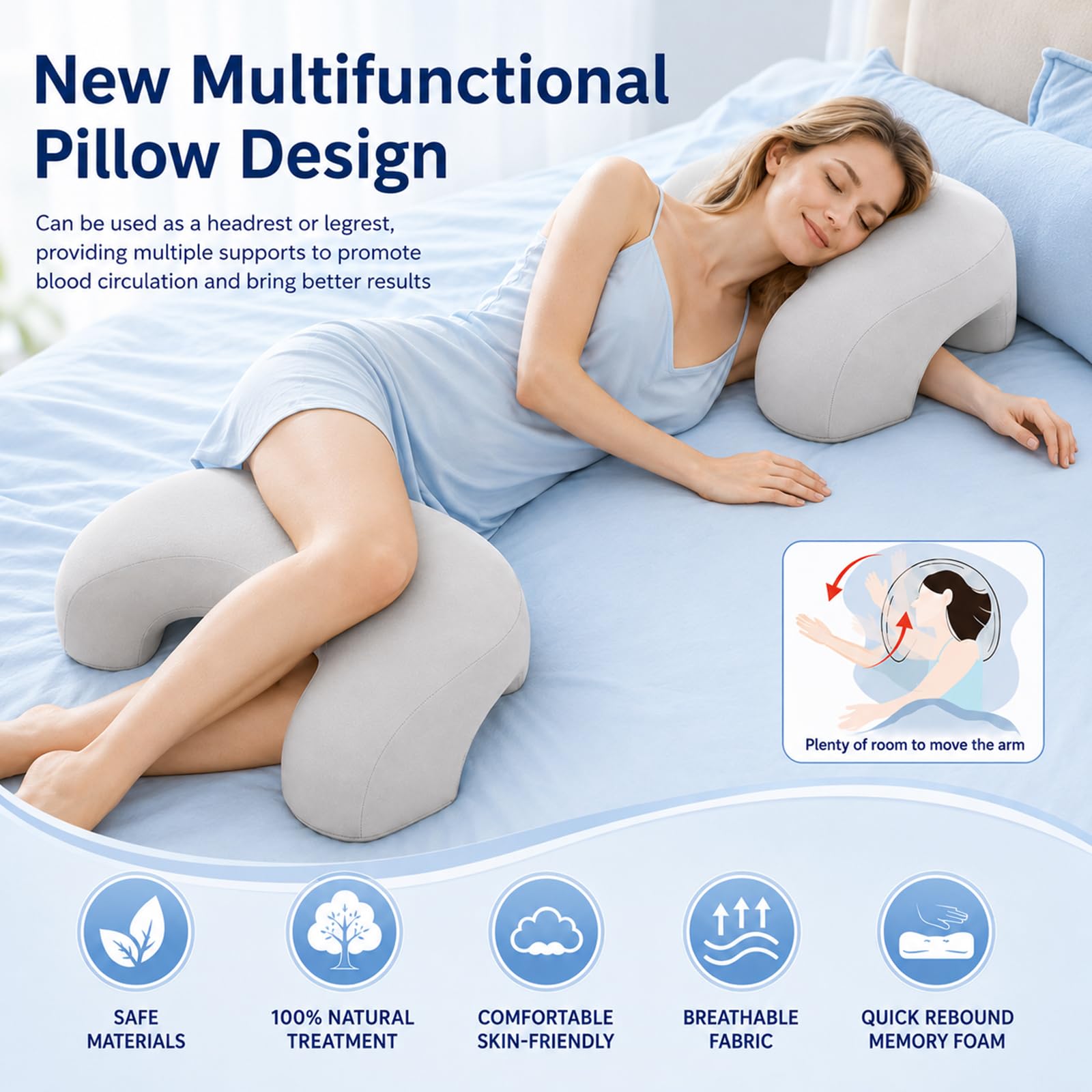 Seitenschläferkissen mit Armloch, Seidigem Kühlbezug Ergonomisches Nackenkissen aus Memory-Schaum, Nackenkissen mit Armloch, C-Form für Seitenschläfer, Rücken und Bauchschläfer