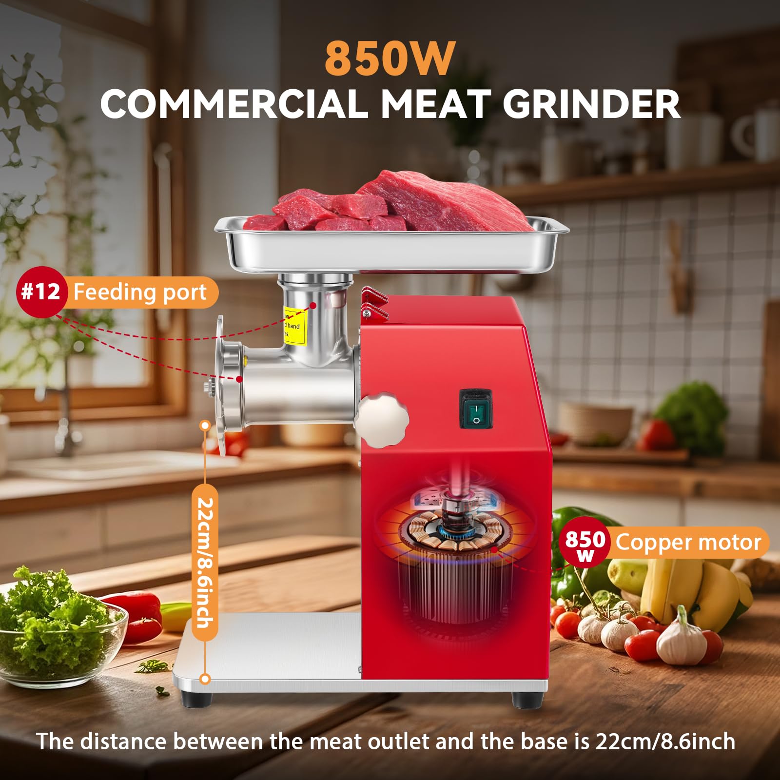 Newhai Commercial Meat Grinder Machine #12 Heavy Duty Meat Mincer Industrial Meat Processor Stainless Steel with 3/6/8mm Grinding Plate 2 Cutting Blade Sausage Stuffer Tubes 110volt