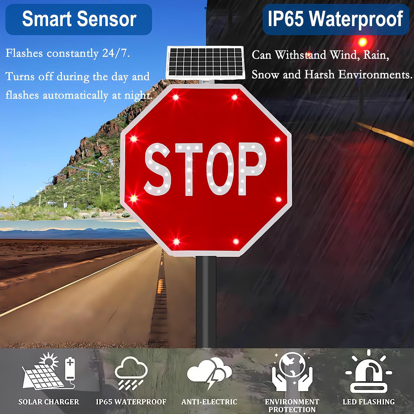 Señal De Stop Solar LED De 60 cm / 80 cm, Octagonal, Solar, con Iluminación LED De Prohibido Estacionar, con Película Reflectiva De Grado Industrial Y Marco Metálico Resistente 24in