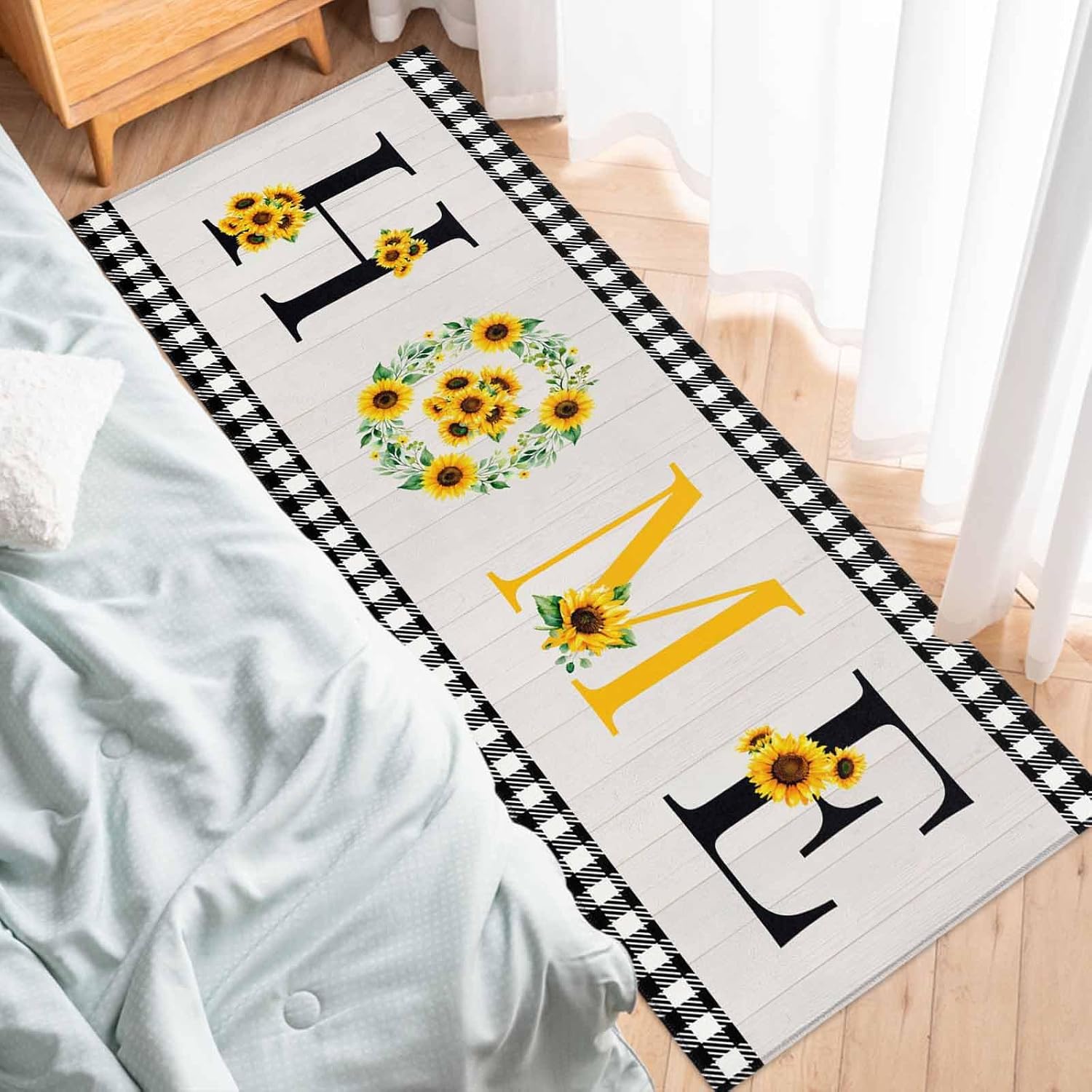 Teamery Kitchen Mats for Floor Farmhouse Sunflower Home Text Washable Non Slip Kitchen Rugs 1PCS, Black White Check Wood Board Absorbent Standing Mats for Sink Bathroom Office Living Room 15.7x47.2in