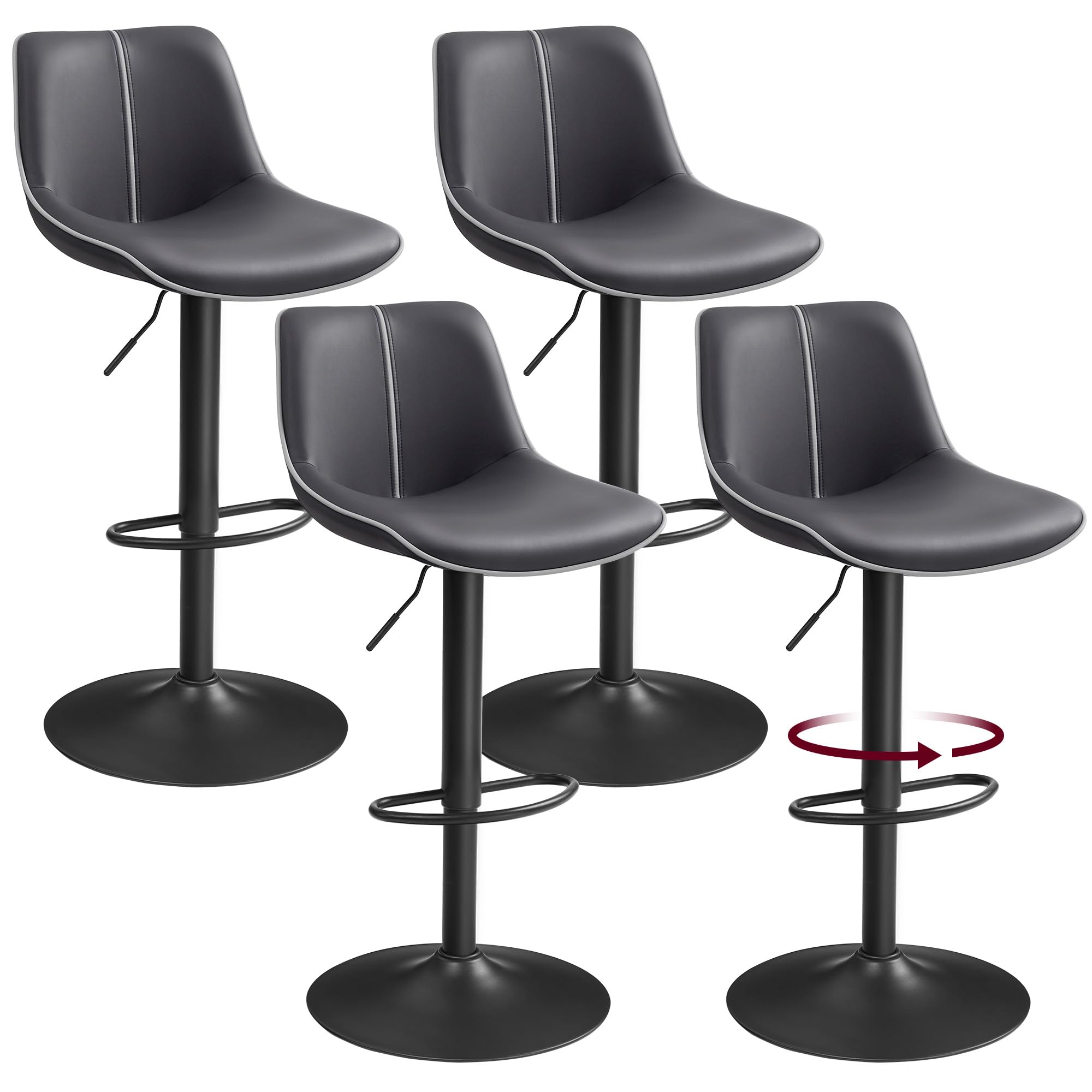 VASAGLE Lot de 4 Tabourets de Bar, Pivotants, Réglables en Hauteur, Dossier Ergonomique, PU, Base Métallique, Modernes, pour Îlot de Cuisine, Bar, Noir d'encre LJB268B01