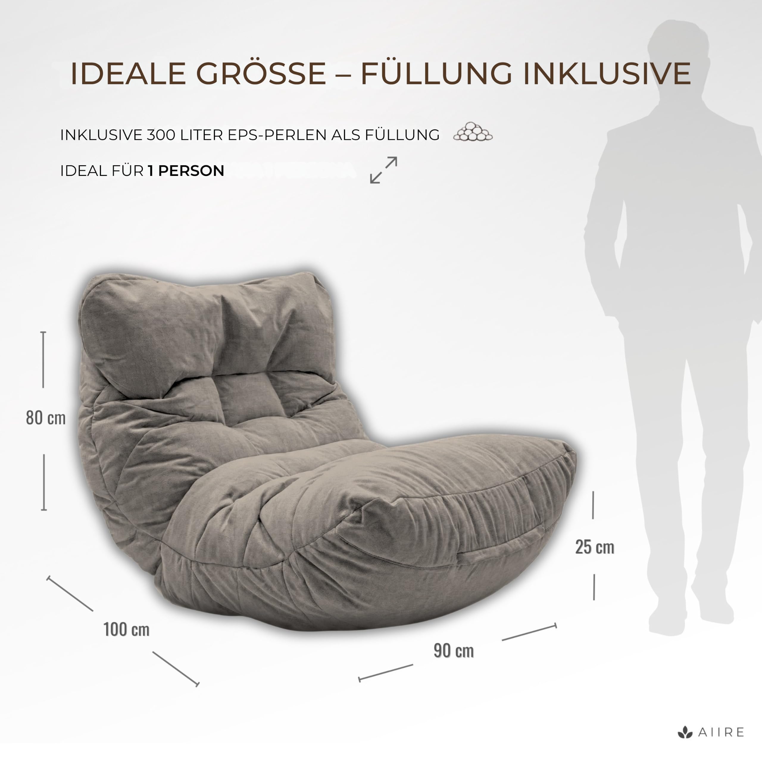 Aiire Relaxo Sitzsack XXL für Kuschelecke - Bean Bag Design mit Füllung - Riesen Sitzsäcke Erwachsene, Sitz Sack Flauschig - Bodenkissen Grob, Bodenstuhl, Bodensessel Braun