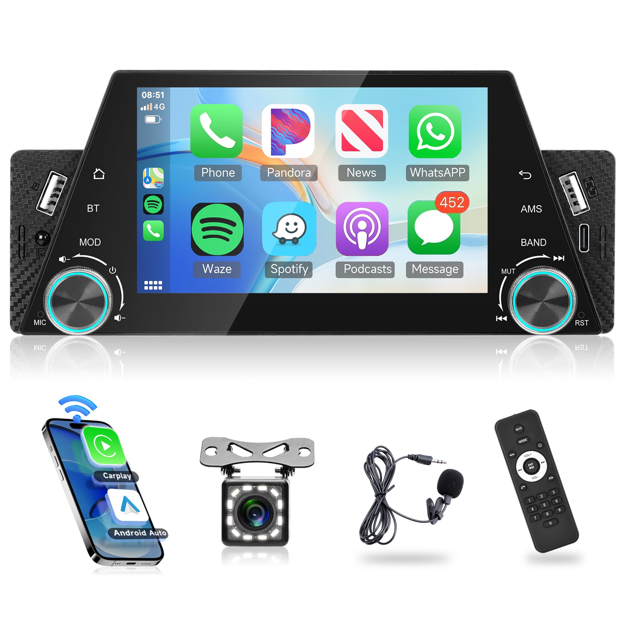 Rimoody Wireless Carplay 1 Din Autoradio con Android Auto Bluetooth Vivavoce 5 Pollici Autoradio con Android/IOS Mirror Link FM Radio Bluetooth USB/AUX/Tipo C/DVR con Telecomandi Telecamera Posteriore