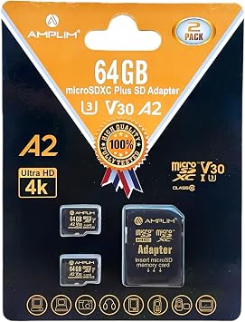 Micro SD Card 64GB | MicroSD Memory Plus Adapter | A2 MicroSDXC U3 Class 10 V30 UHS-I for Nintendo, Surface, Phone, Camera Cam, Tablet | Black 2 Pack