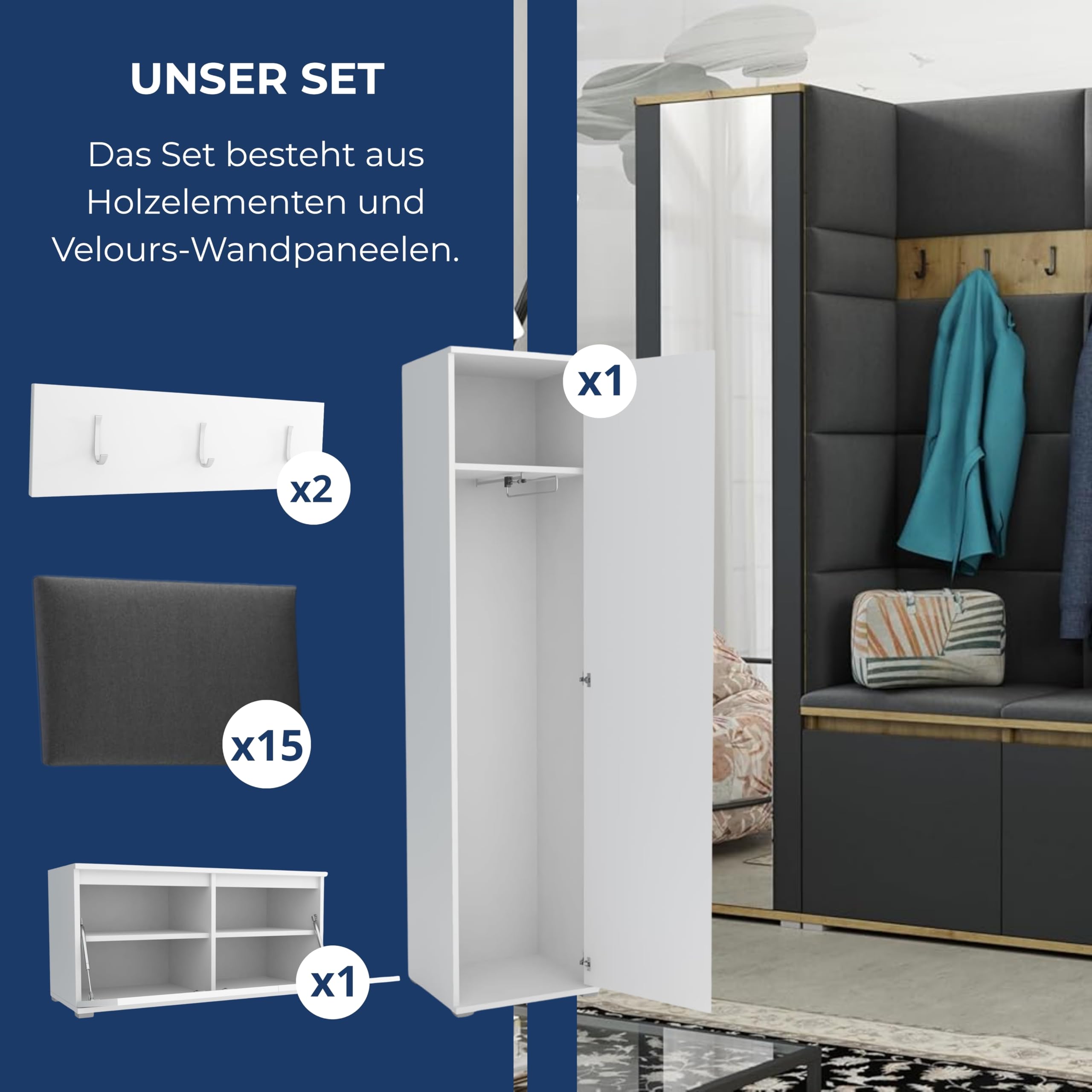 Brent Garderobenschrank Flur Schwarz mit Sitzbank 145 cm Breit Luton 7 Multifunktionale Flurgarderobe Set mit Stauraum und Wandpaneel