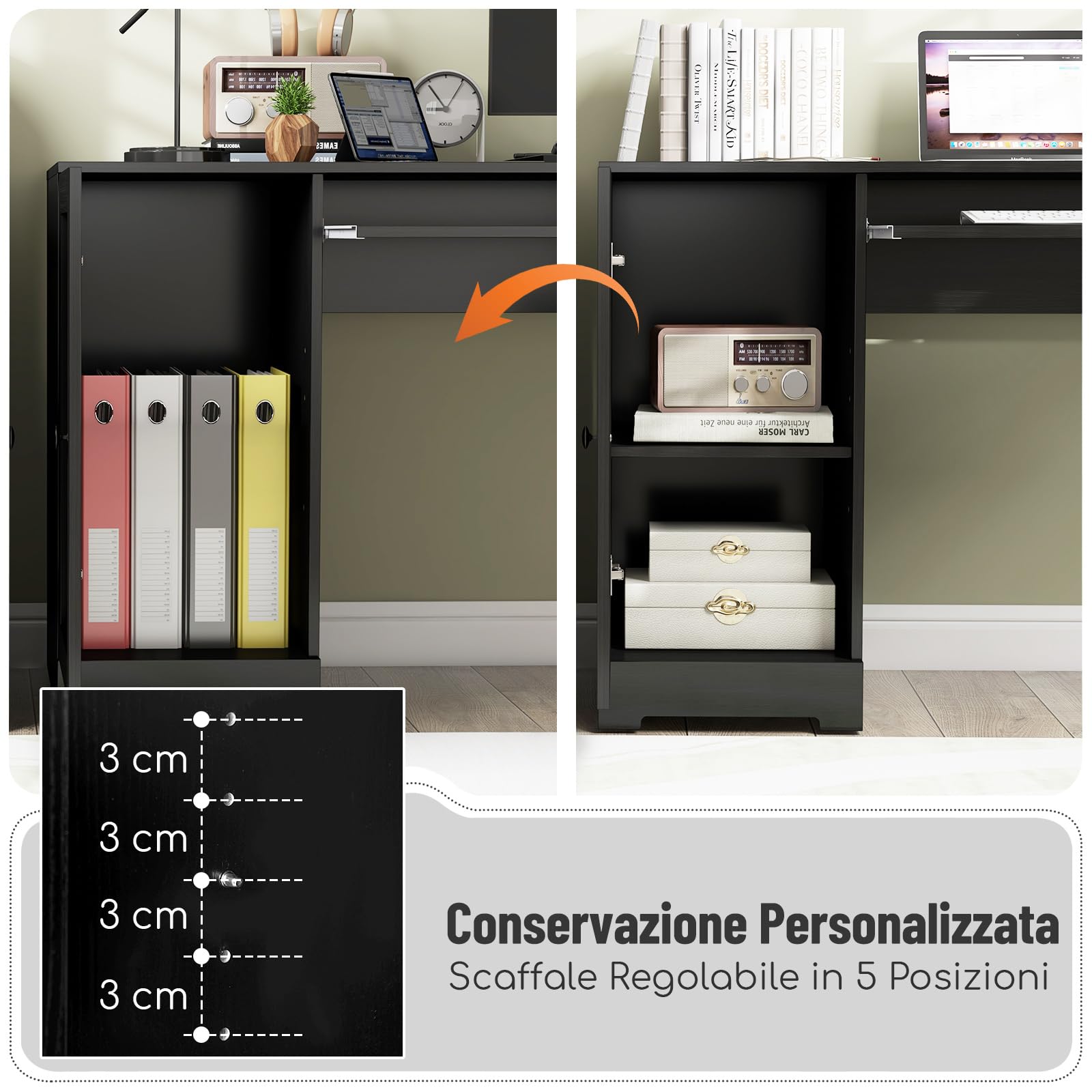 COSTWAY Scrivania Angolare con Prese di Corrente, Scrivania ad Angolo Moderna con 2 Cassetti, Armadio, Mensola Regolabile e Vassoio per Tastiera, Ideale per Gaming, Lavoro e Scrittura (Nero)