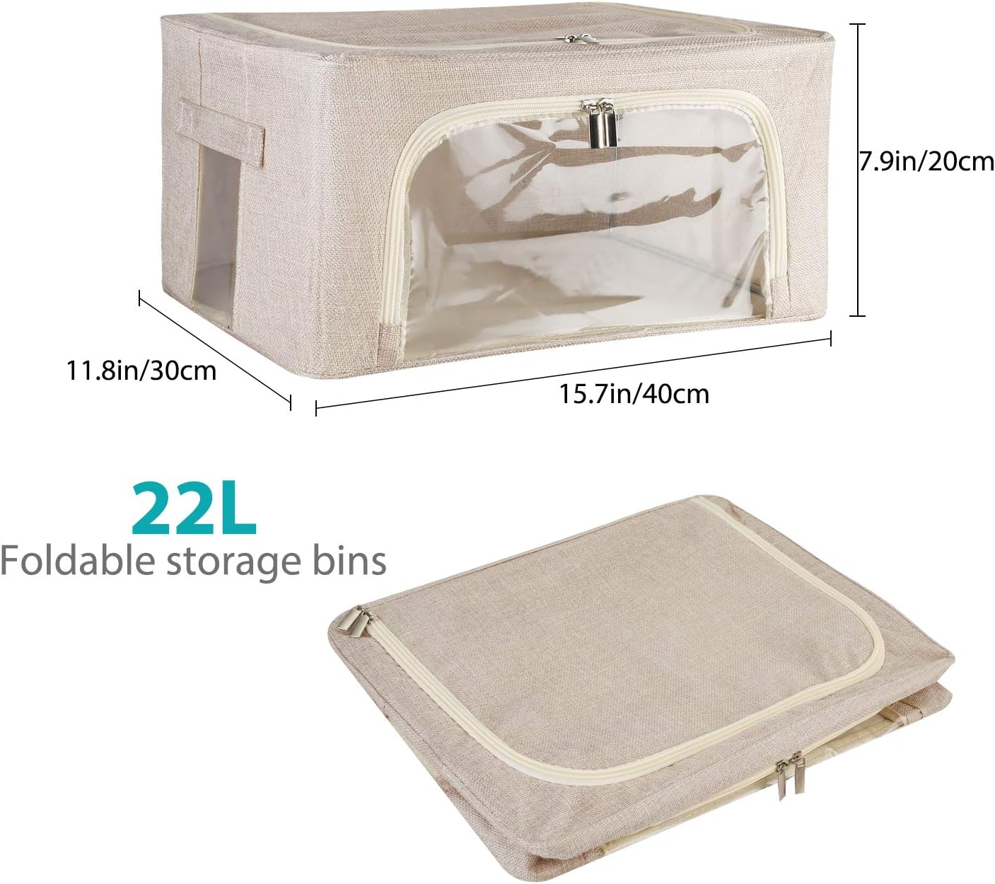 Awekris 2 Pack Stackable Storage Bins Box, Foldable Clothes Organizer with Clear Window & Carry Handles, Great for Clothes, Blankets, Closets, Bedrooms and More Medium (Beige)