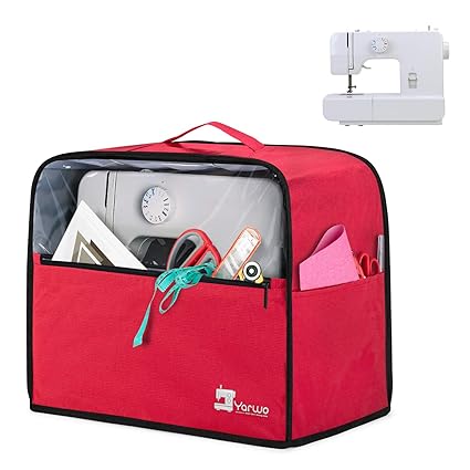 Yarwo Visible Sewing Machine Cover with Top Handle and Pockets, Heavy Duty Dust Cover for Most Standard Sewing Machines and Accessories, red