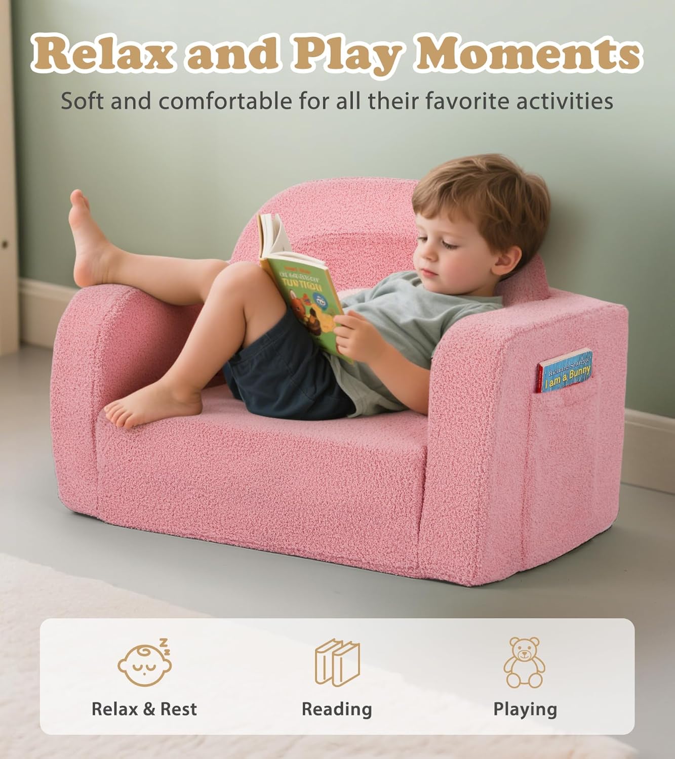 Kids Couch, 2-in-1 Soft Toddler Couch Fold Out with Blanket, Comfy Toddler Chair, Convertible Sofa, Gifts for Kids Girl Boys, Medium Pink Rainbow - Image 3