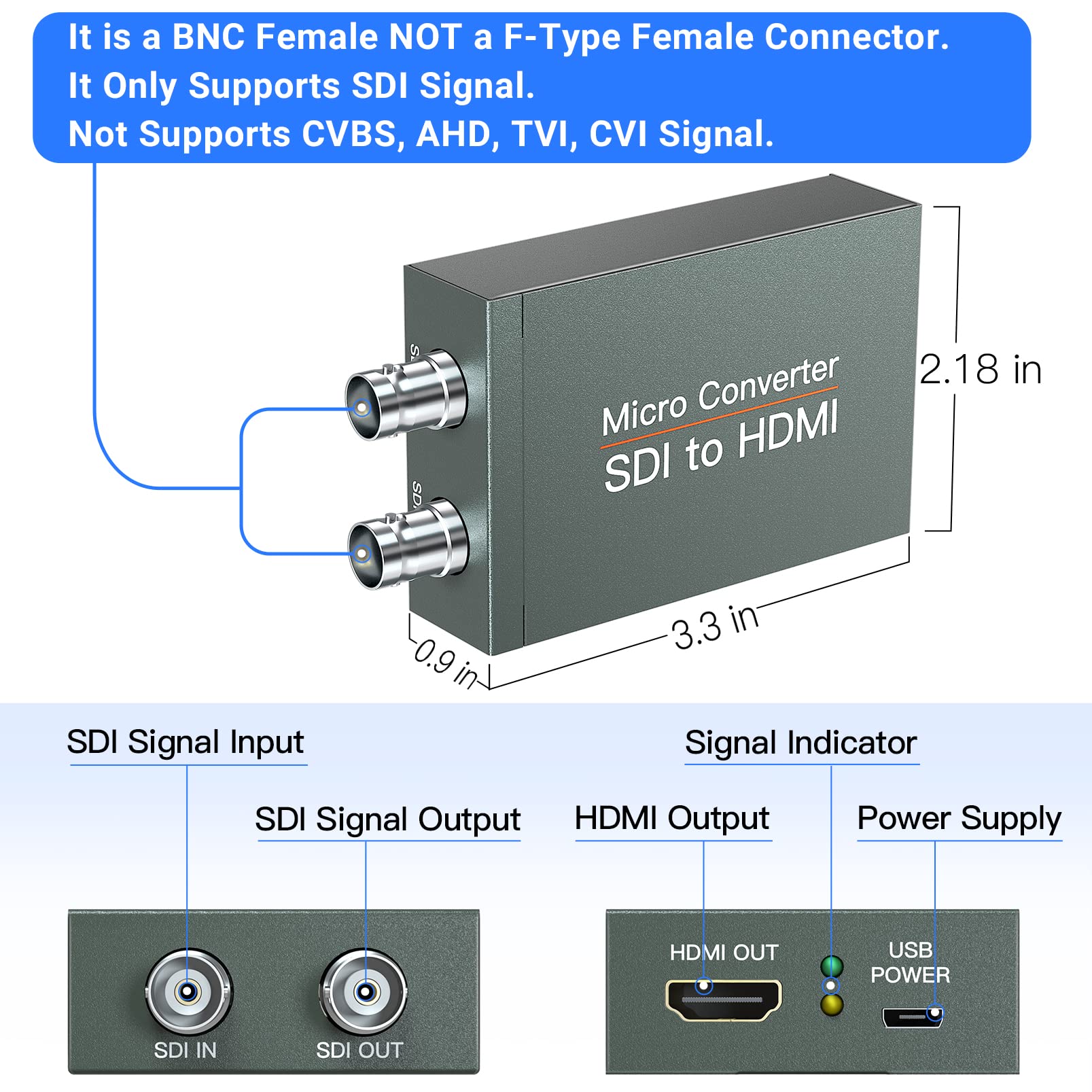 Convertitore da SDI a HDMI con SDI Loop Out, SDI to HDMI Converter, Rilevamento Automatico del formato per Segnale 3G-SDI, HD-SDI, SD-SDI da Visualizzare sullo Schermo HDMI