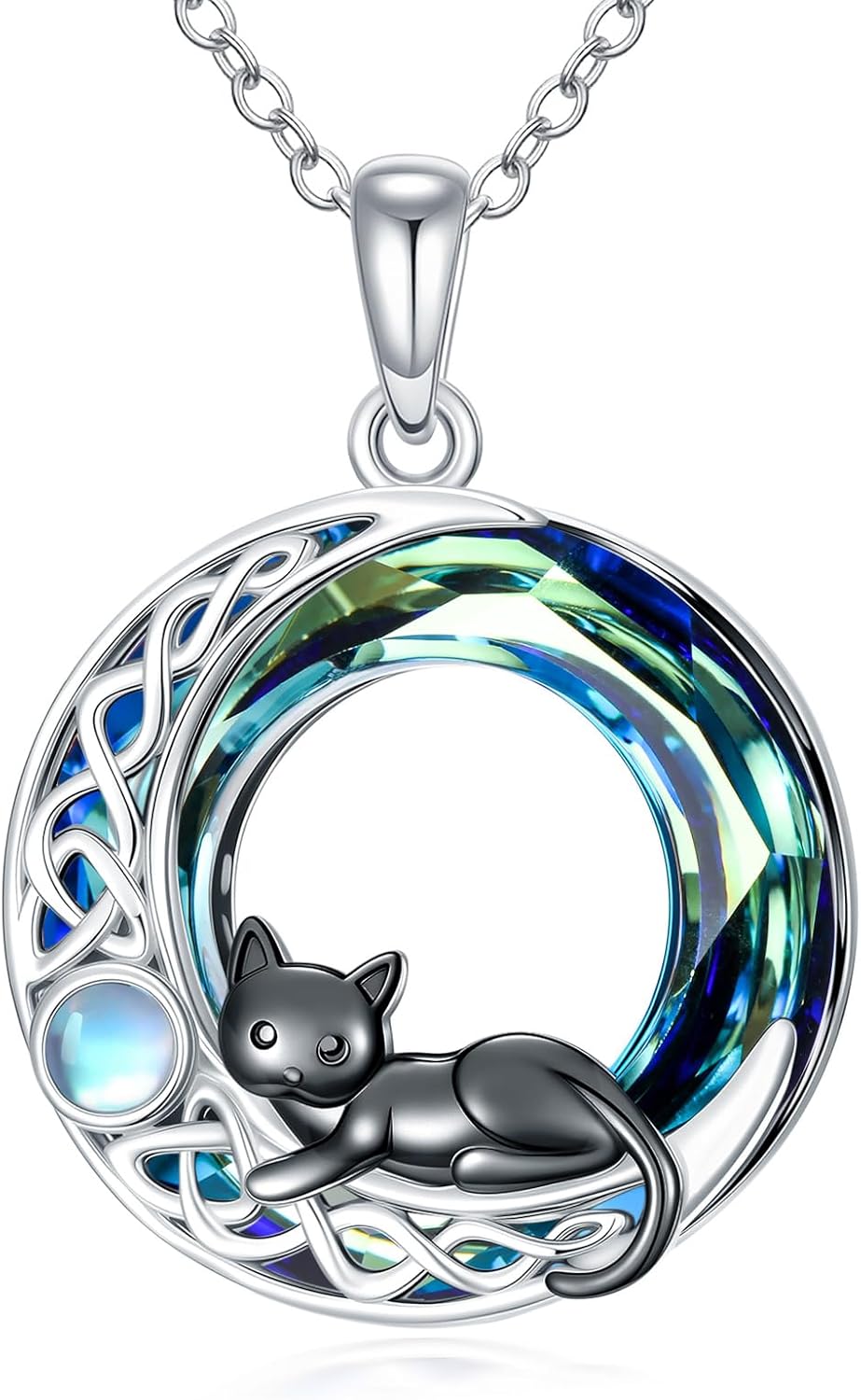 TOUPOP Cat Necklace Gifts for Women Sterling Silver Celtic Mounatin Moon Pendant with Blue Crystal Birthday Christmas Jewelry Gifts for Women