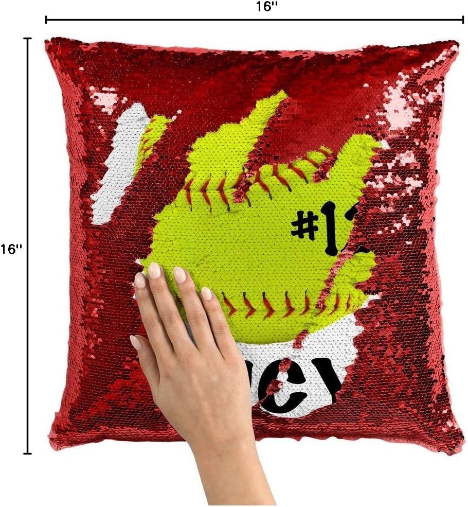 Violet Victoria & Fan Star Personalized Softball Fastpitch Sequin Mermaid Flip Pillow ADD Your Name and Number Red Sequins Pillowcase Only