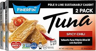 FinerFin Yellowfin Tuna Salad in Organic Olive Oil | Spicy Chili Flavor | Premium Canned Tuna Fish with EVOO | Gourmet Ready-to-Eat Wild-Caught Fillets | 4.4oz can - 2 Pack