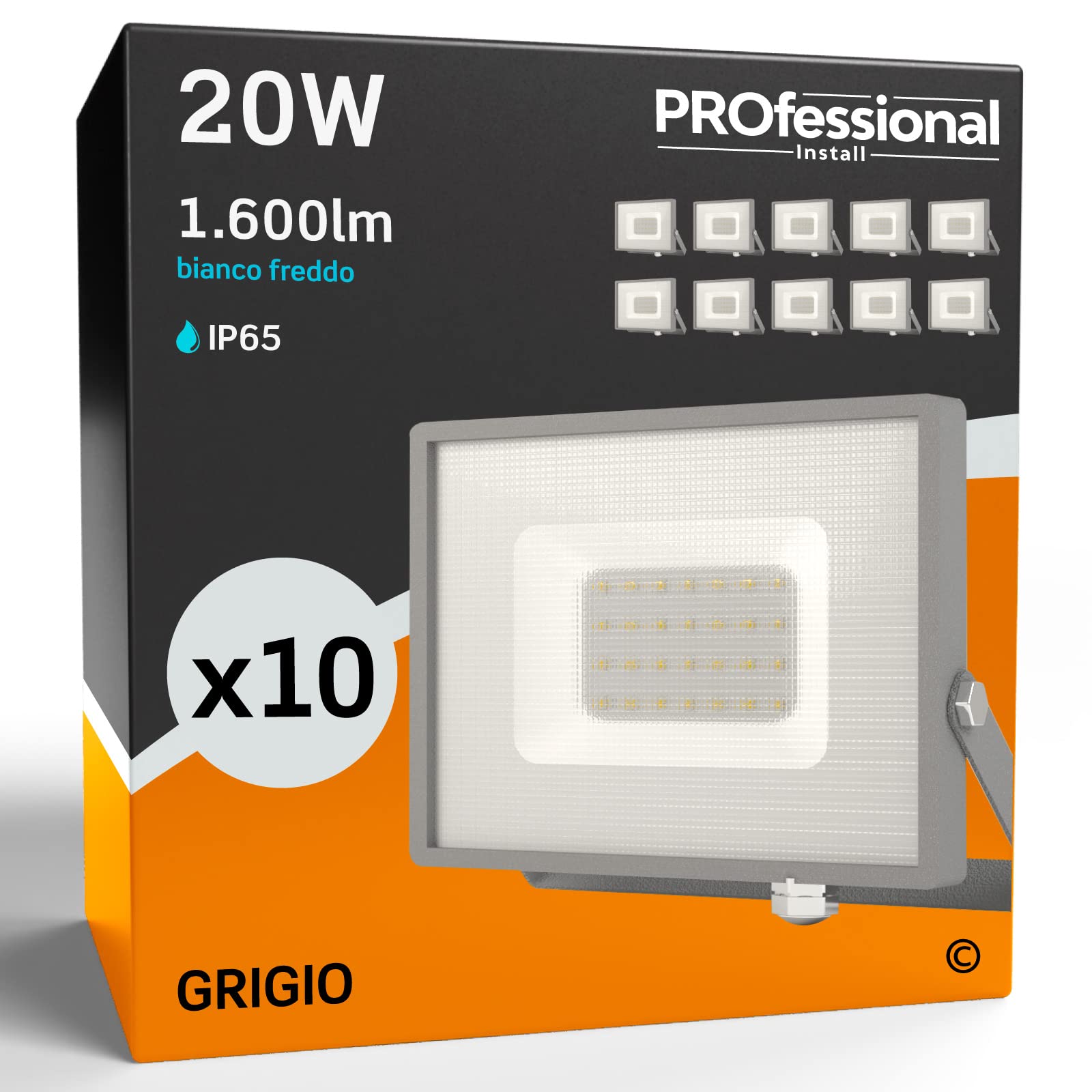 Faro LED impermeabile IP65 20W Professionale Grigio 1600 lumen - Forma: Superslim - Copertura in vetro satinato - Luce Bianco Freddo 6400K - Fascio Luminoso 100° - Pacco da 10 Fari