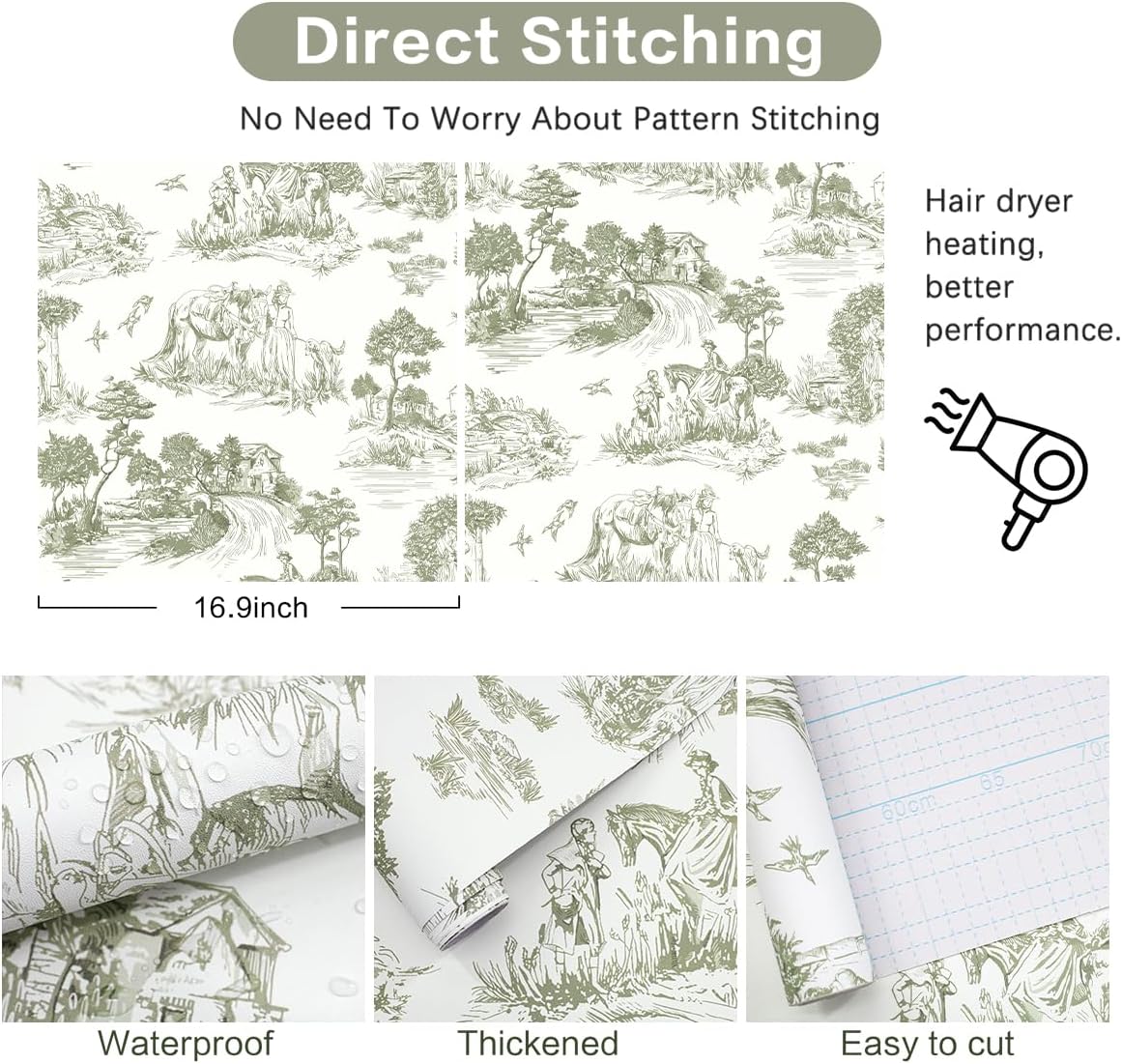 Green Toile Peel and Stick Wallpaper Vintage Contact Paper 16.9inch x 118.1inch French Country Contact Paper Toile Farmhouse Self-Adhesive Removable Wallpaper for Bedroom Decorative Vinyl