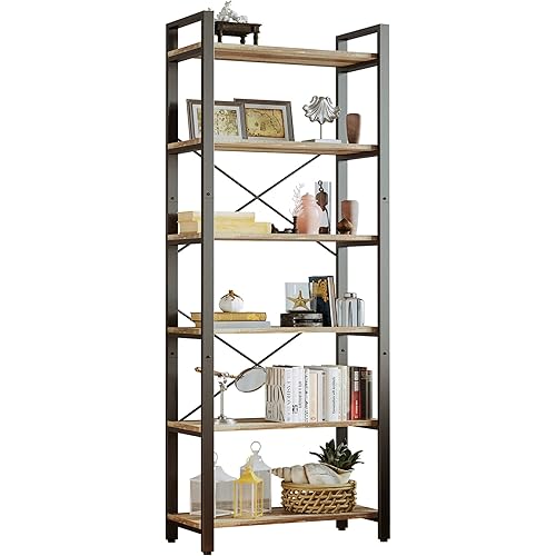 IRONCK Bookshelf 6-Tier Ladder Shelf 110lbs/shelf Vintage Industrial Style Bookcase for Home Decor, Office Decor