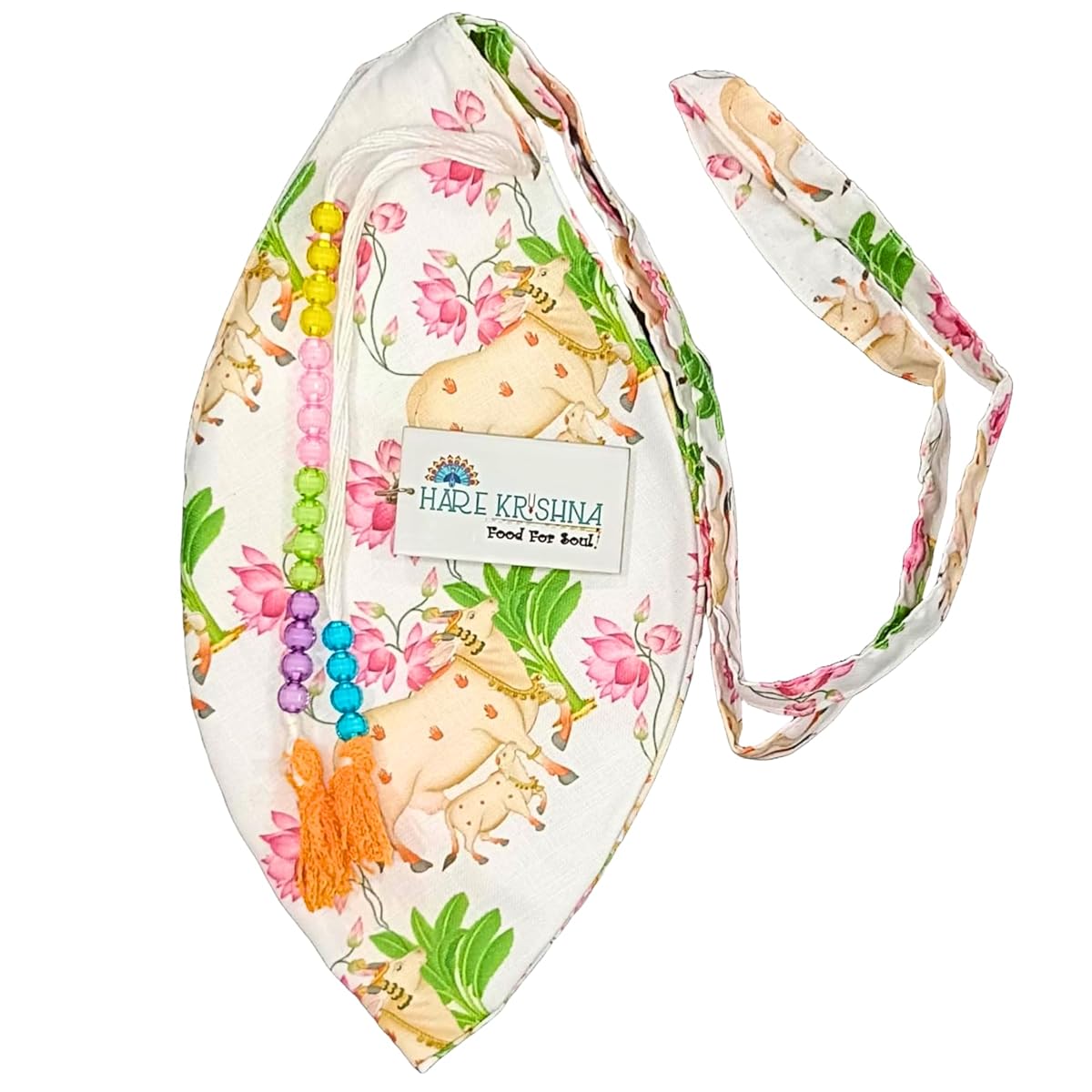 Hare Krishna Food For Soul Cow Calf Printed White Bead Bag for Chanting with