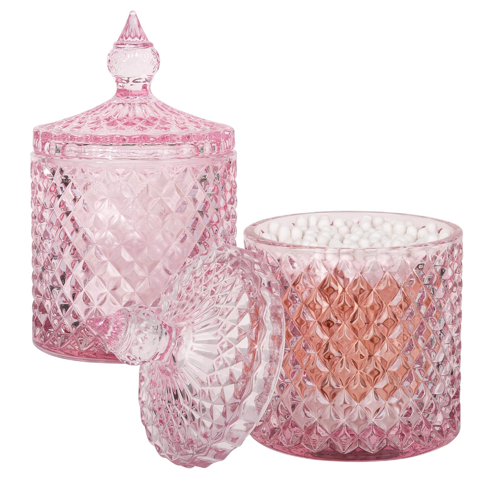rejomiik 2 Pack Qtip Holder Thick Glass Apothecary Jars with Lid for Bathroom Decor Storage Organizer for Cotton Swabs, Balls, Pads, Floss Picks, Candy, Jewelry, Pink — image 1