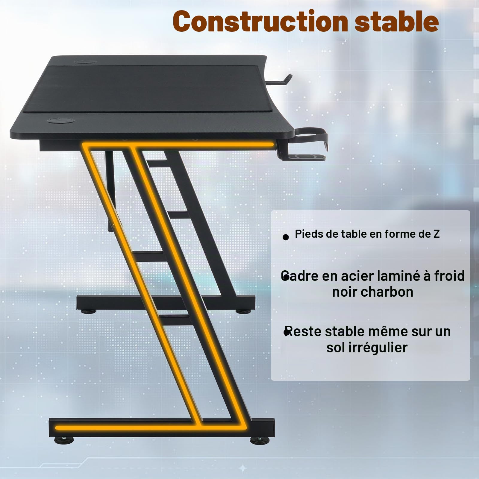FROADP Bureau de jeu, 160 x 60 cm, bureau de jeu noir, surface en fibre de carbone, ergonomique, avec porte-boissons et crochet pour casque, PC Desk, châssis Z stable, capacité de charge 150 kg