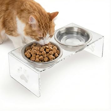 GOBYPET Çift Hazneli Pleksi Kedi ve Köpek Mama Kabı, Yükseltilmiş Seramik Mama ve Su Kabı, Ergonomik Tasarım, Kolay Temizlenebilir (Metal, Şeffaf Pleksi)