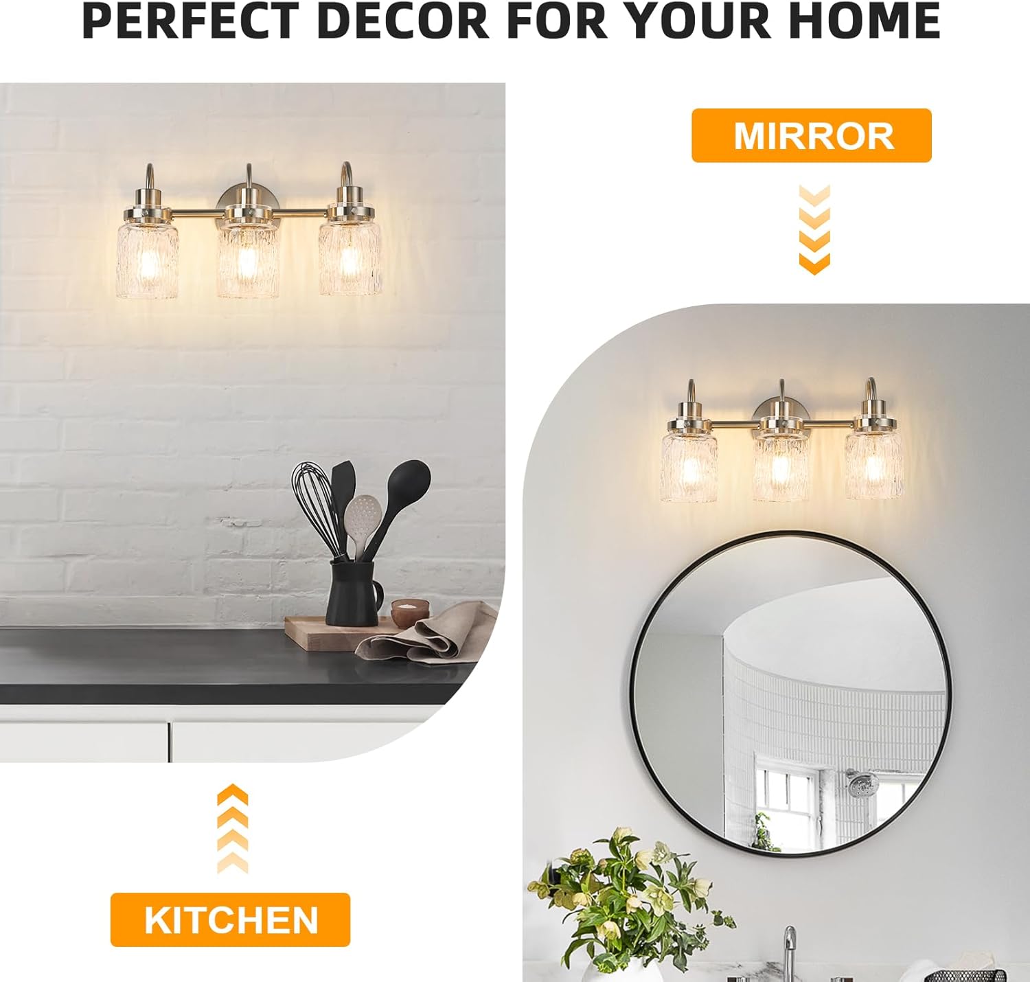 3 Lights Bathroom Vanity Light, Brushed Nickel Bathroom Light Fixtures with Hammered Glass Lampshade for Dressing Table,Over Mirror,Hallway