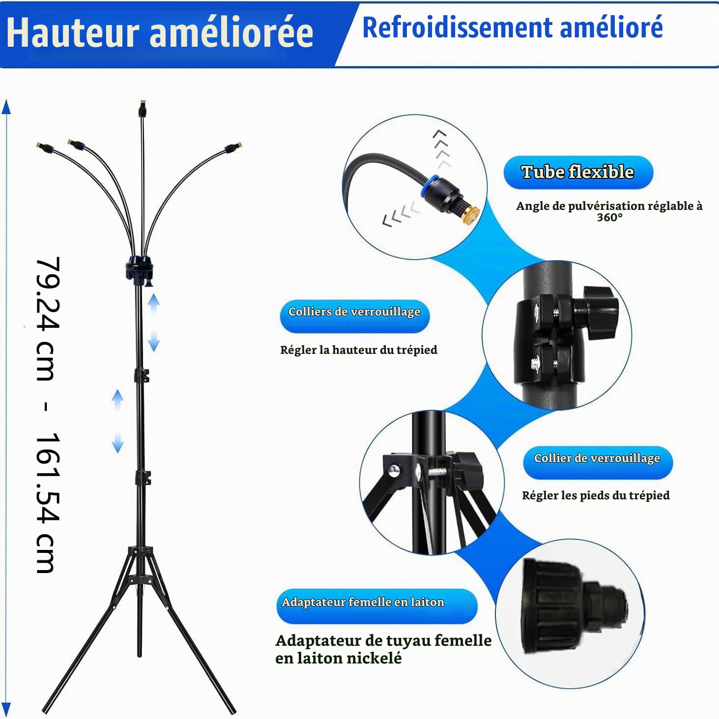 Brumisateur terrasse sur Pied à trépied Portable à 4 Buses Flexibles 360°