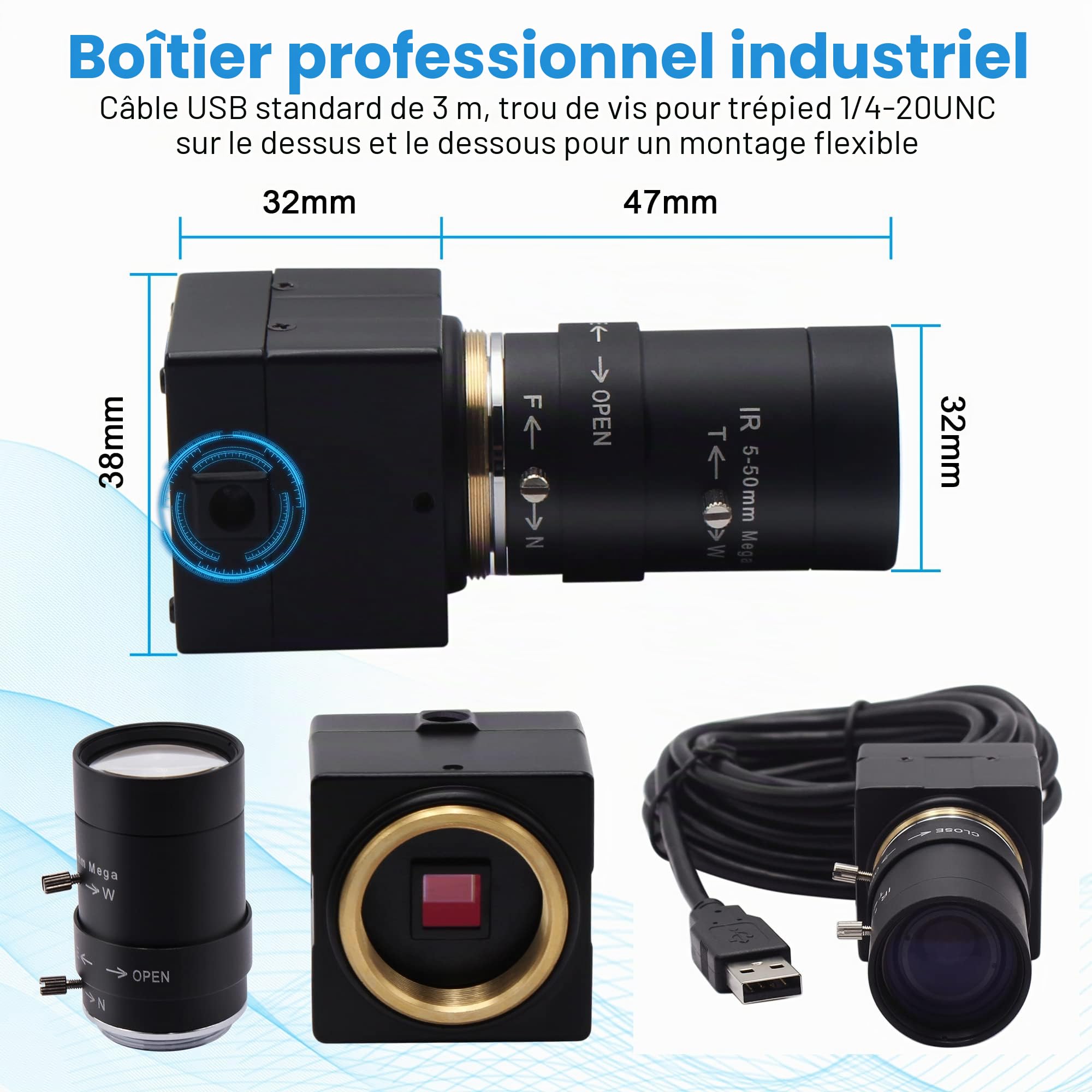 ELP Caméra 1080P 5-50 mm 10x Zoom Optique Manuel, USB 2 MP Avec Capteur CMOS OV2710, Streaming à Taux d'Images Élevé, Enseignement, Webcam Pour OpenCV Window/Linux/Raspberry Pi