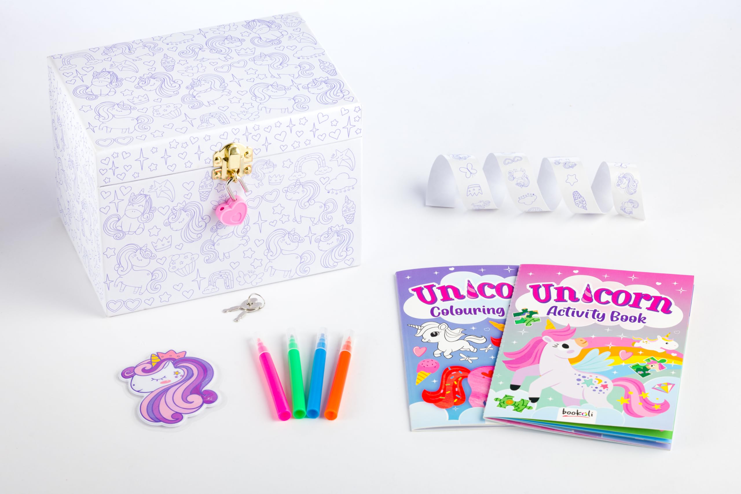 Bookoli, Colour and Keep Unicorn Activity Box, Colouring Kit with 2 Activity Books, 4 Mini Felt-Tip Pens, 30 Stickers - Image 2