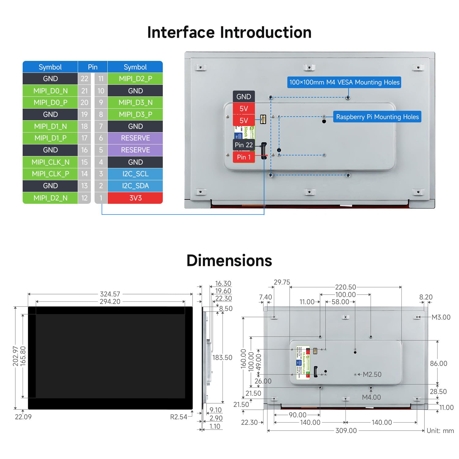 Waveshare 13.3inch High Resolution DSI Capacitive Touch Display for Raspberry Pi 5 / 4B / CM4 IO Board, 1920x1080, IPS, Toughened Glass Panel, DSI Interface, 10-Point Touch, Full Metal Back Panel