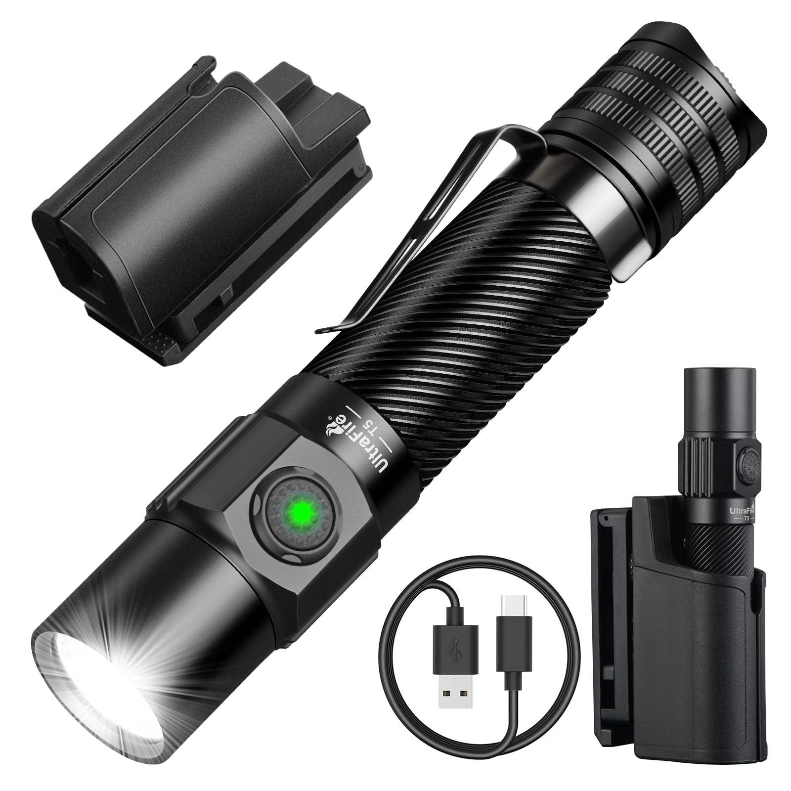 Tactical Flashlight with Belt Holster, 1800 High Lumen Rechargeable Flashlight with Duty Belt Holder, Security Flashlight for Police, Law Enforcement, 6 Modes LED Flashlight with Dual Switch