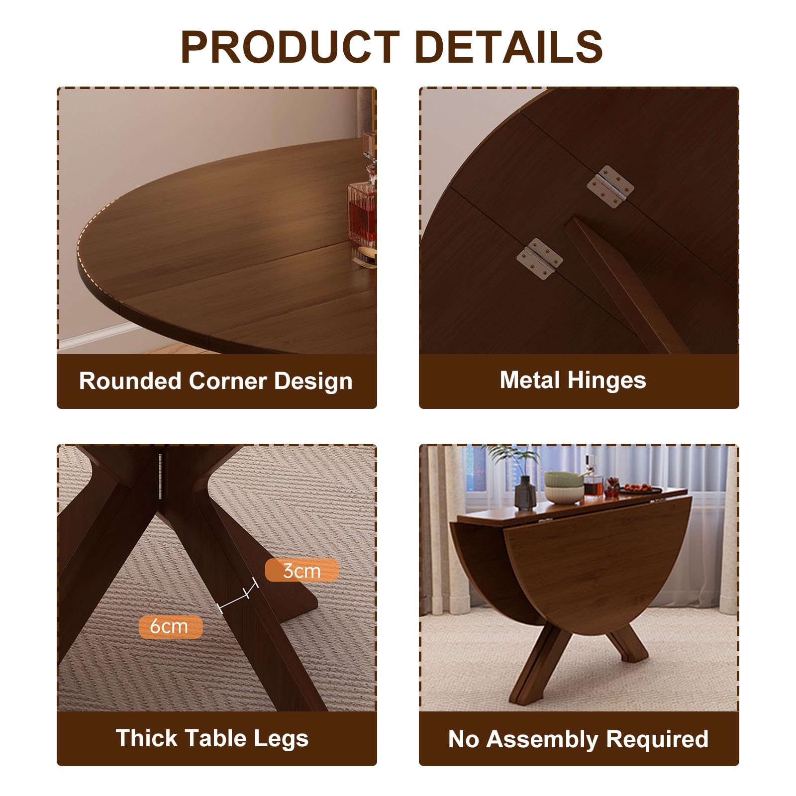 Table de salle à manger pliable en bambou extensible pour les petits espaces, double feuille pour 6 à 8 personnes