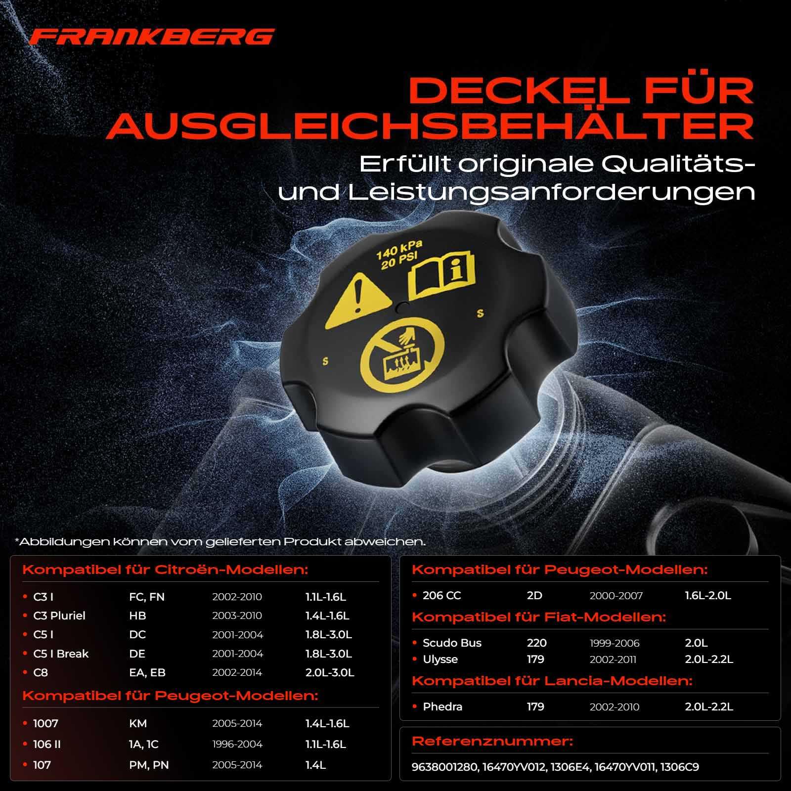 Frankberg Zbiornik wyrównawczy chłodnicy, pokrywa chłodnicy, kompatybilna z Partner 2008-2015, Xsara 1997-2010, Aygo 2005-2014, Expansion Tank Cap Diesel Replace# 9638001280