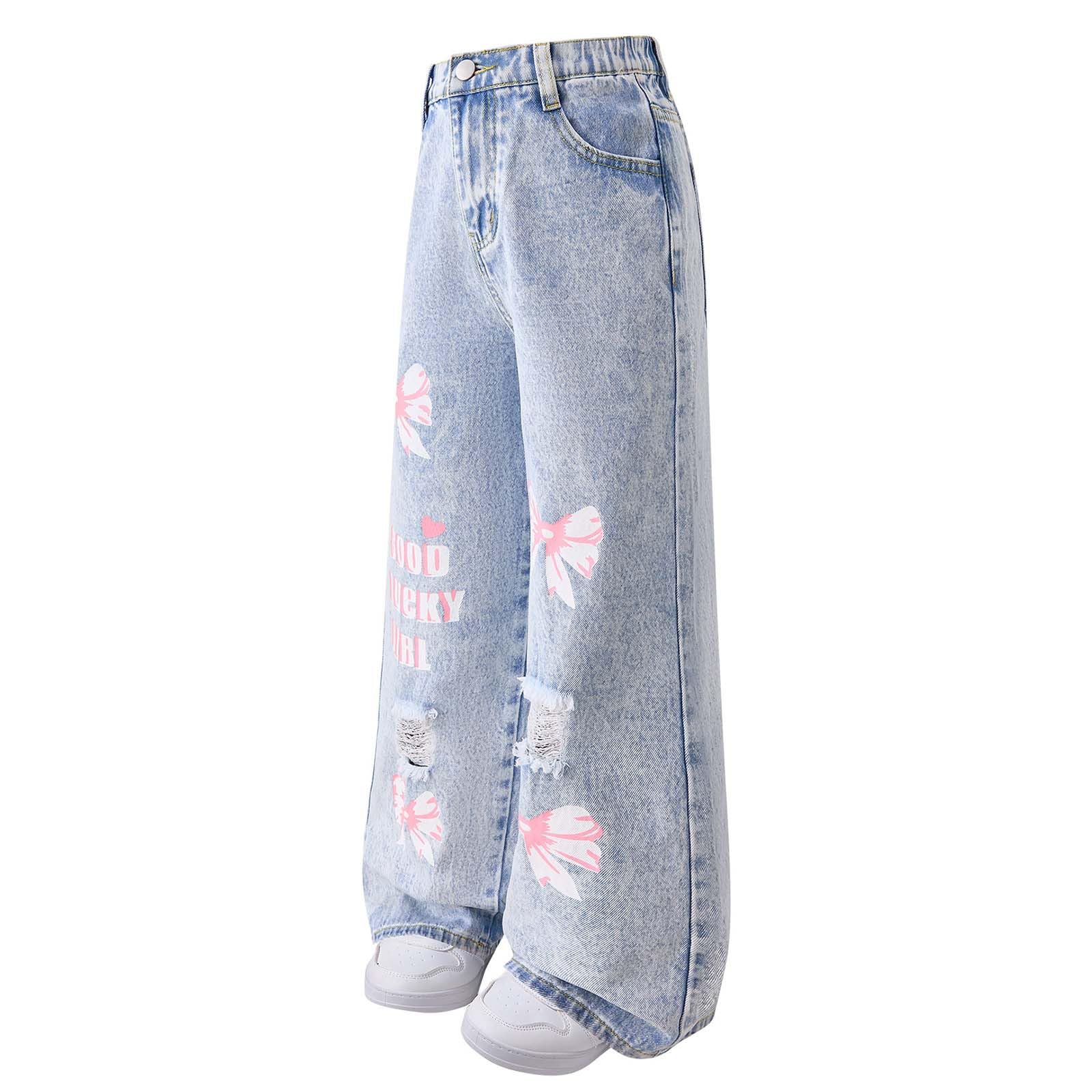 Générique Jean Fille 8-13 Ans Large Déchiré Pantalon Jeans Enfant Fille Droite Taille Haute Elastique Nœud Retro Streetwear Jean Cargo Denim Ample Automne Casual