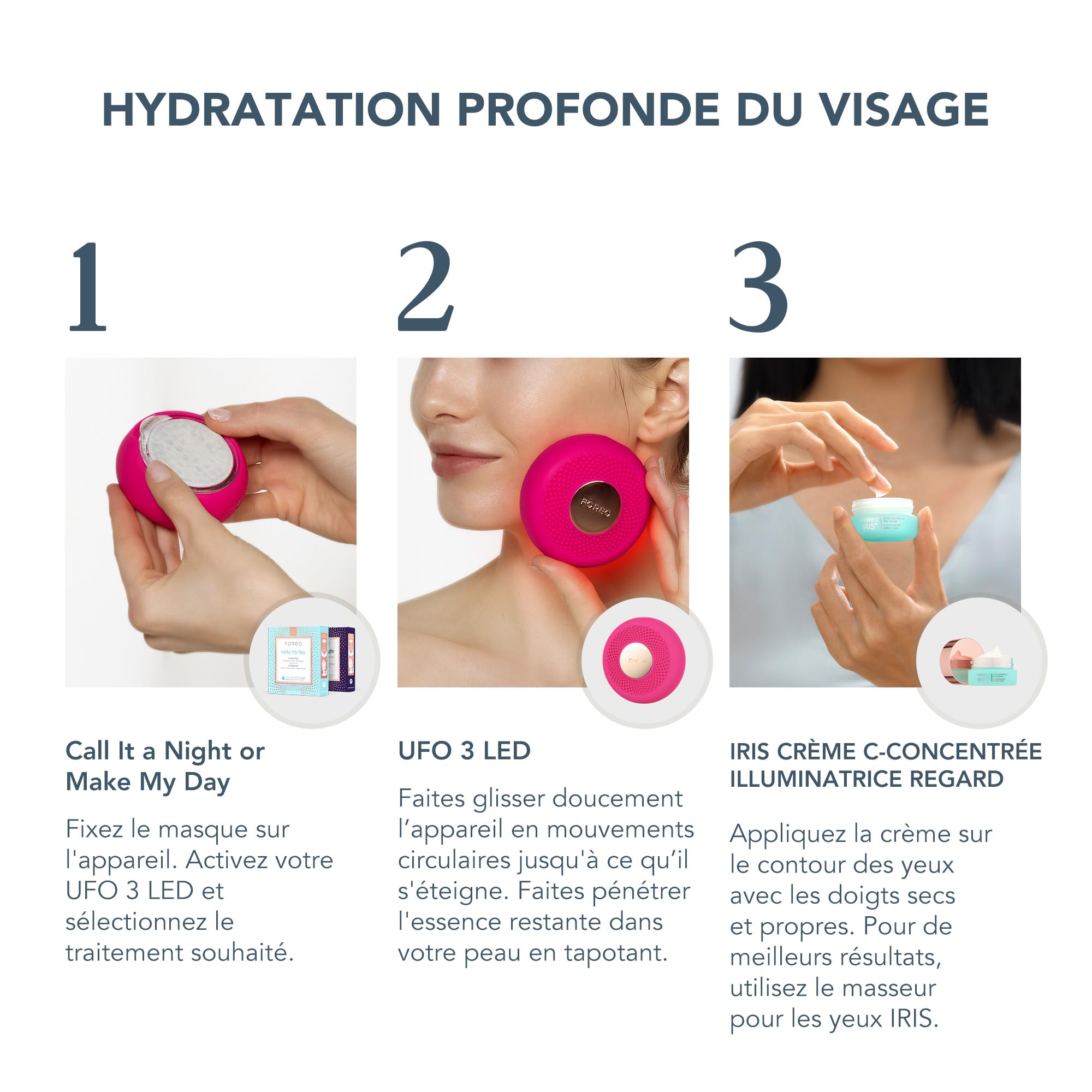 Set FOREO to Lovely UFO 3 LED - Appareil visage + 14 masques activés par UFO + IRIS C-Concentré crème yeux 15ml - Crème hydratante visage - Luminothérapie LED spectre complet, NIR et lumière rouge