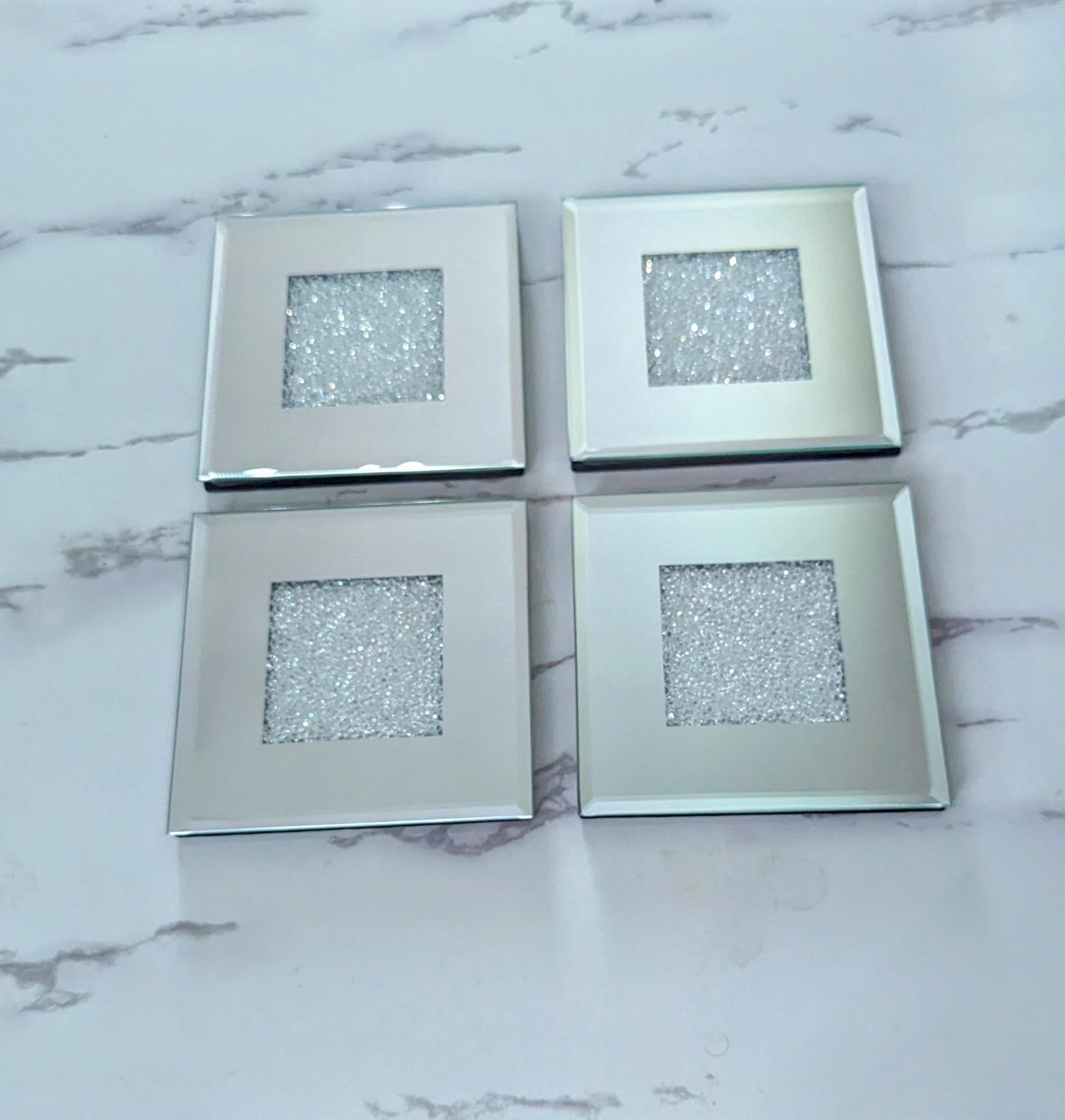 Set of 4 Mirrored Crushed Diamond Glass Crystal Coasters