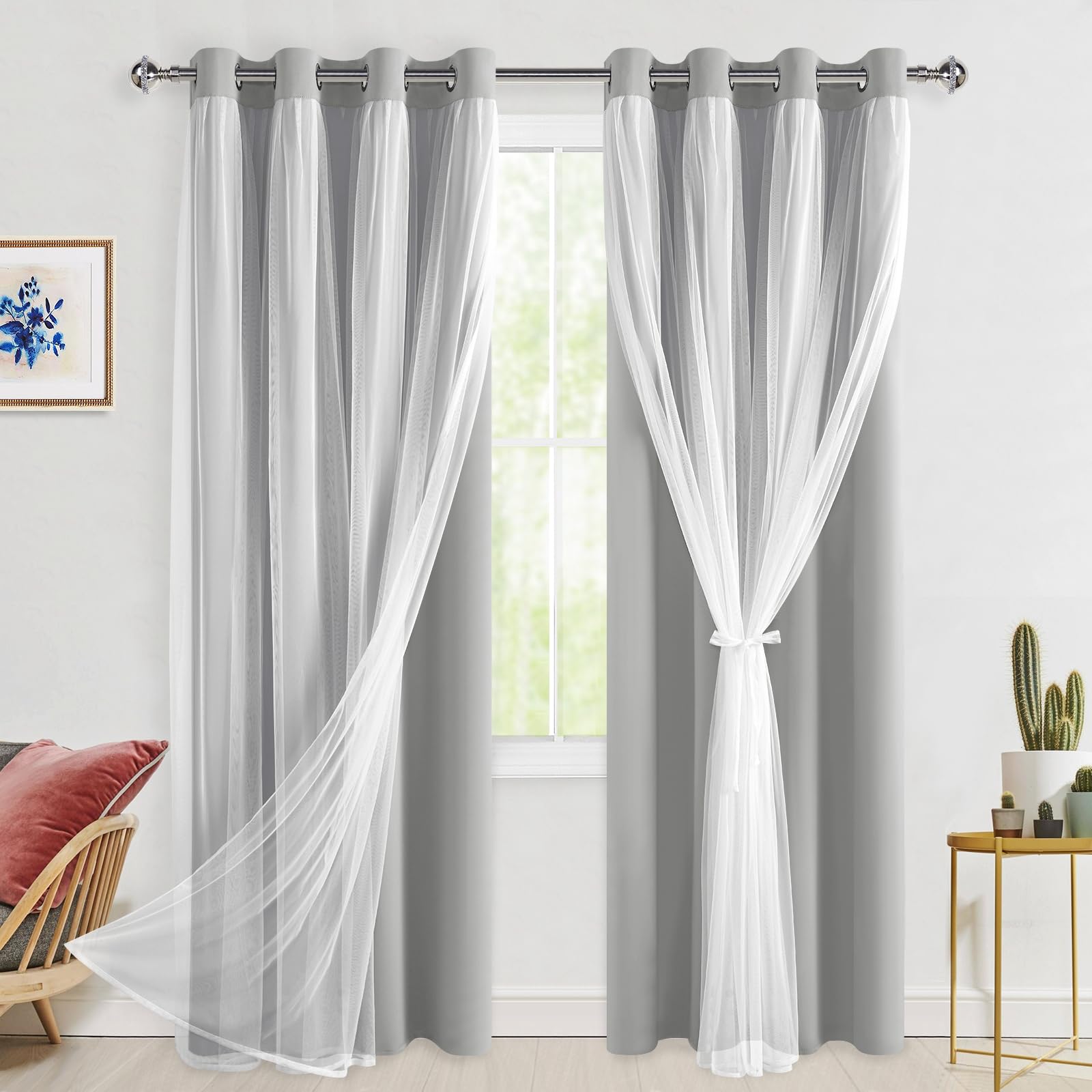 Rideau occultant double couche gris argenté 132x213 cm avec voilage et embrasses