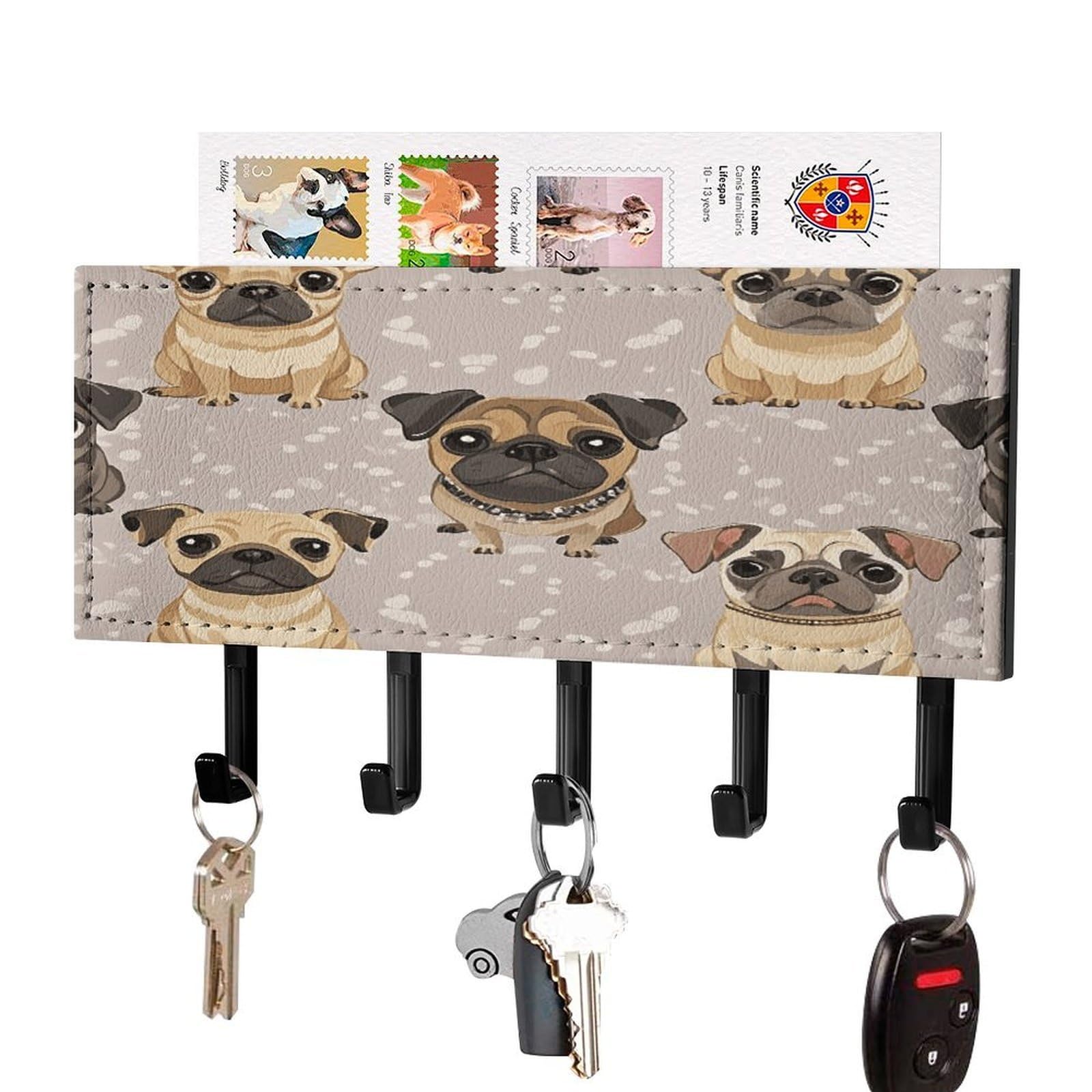 Fekiloot Black-Style Cute Chihuahua Pug Pattern Key Holder For Wall Decorative Mail Organizer With 5 Key Hook Self Adhesive Key Rack With Tray Coat Rack Wall Mount Key Hanger Decor For Entryway Door