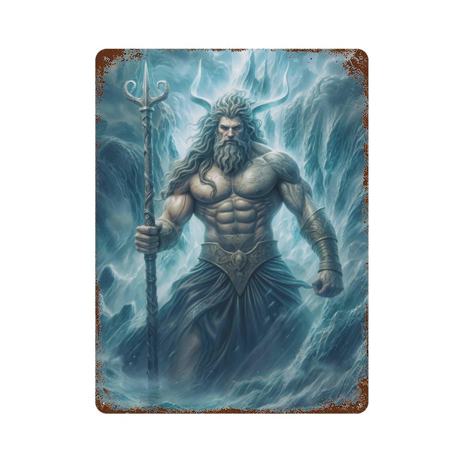 Rust Effect Poseidon Distressed Metal Wall Sign 15.7"x11.8", Decorative Metal Wall Art for Living Room, Hallway And Home Decor