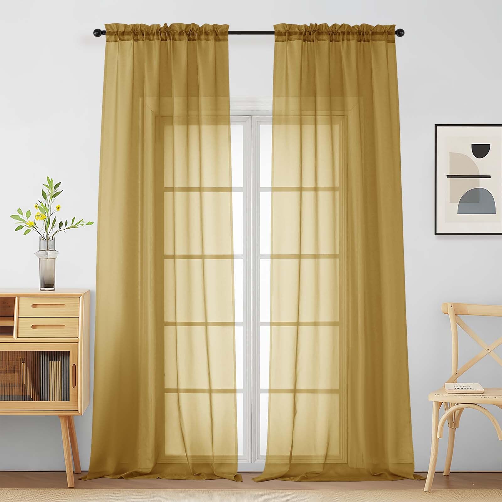 Ebesto Gold Sheer Curtains for Window 96 Inches Long 2 Panels Set, Soft Airy Light Filtering Voile Sheer Curtains for Living Room Bedroom, Dual Rod Pocket Elegant Window Drapes, 2x42Wx96L Inches