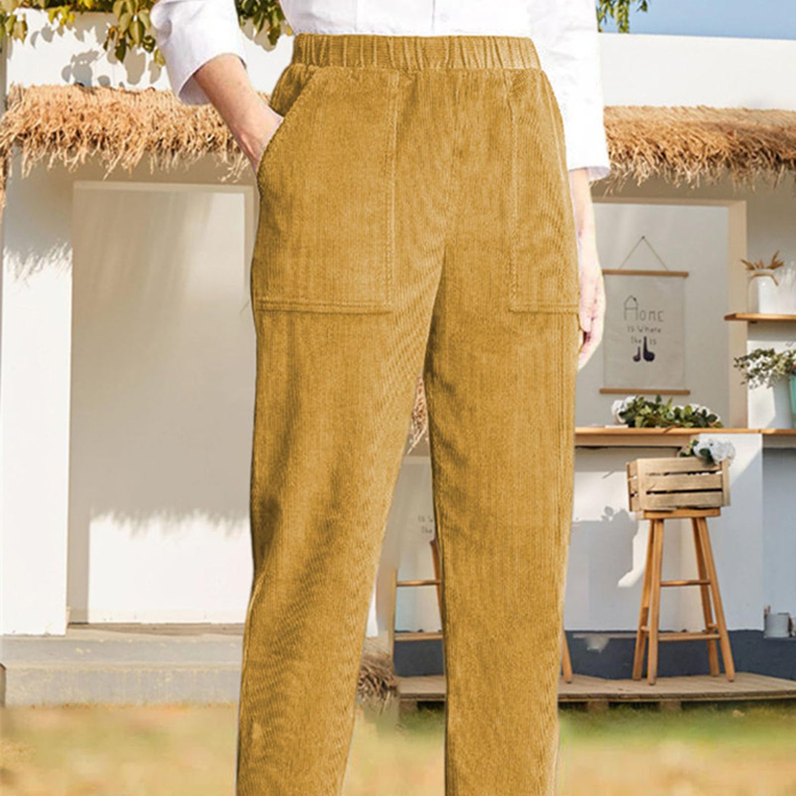 Damen Cord-Baumwollhose - Weiche, elastische Taillenhose mit geradem Bein und Taschen,Cordhose mit geradem Bein für Mädchen (Khaki,Khaki)