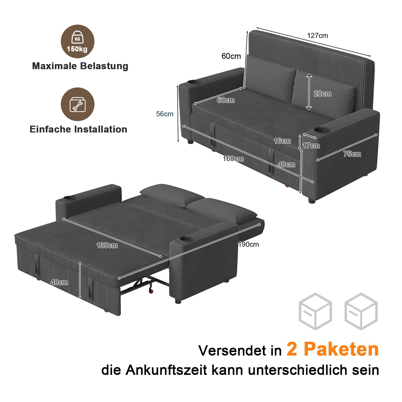 JUMMICO Schlafsofa 2 Sitzer klein Sofa mit Schlaffunktion Schlafcouch Ausziehbar mit Kissen Couch Cord-Bezug mit Getränkehalter Klappsofa Für Wohnzimmer Schlafzimmer,75 x 160 x 93 cm,Grau
