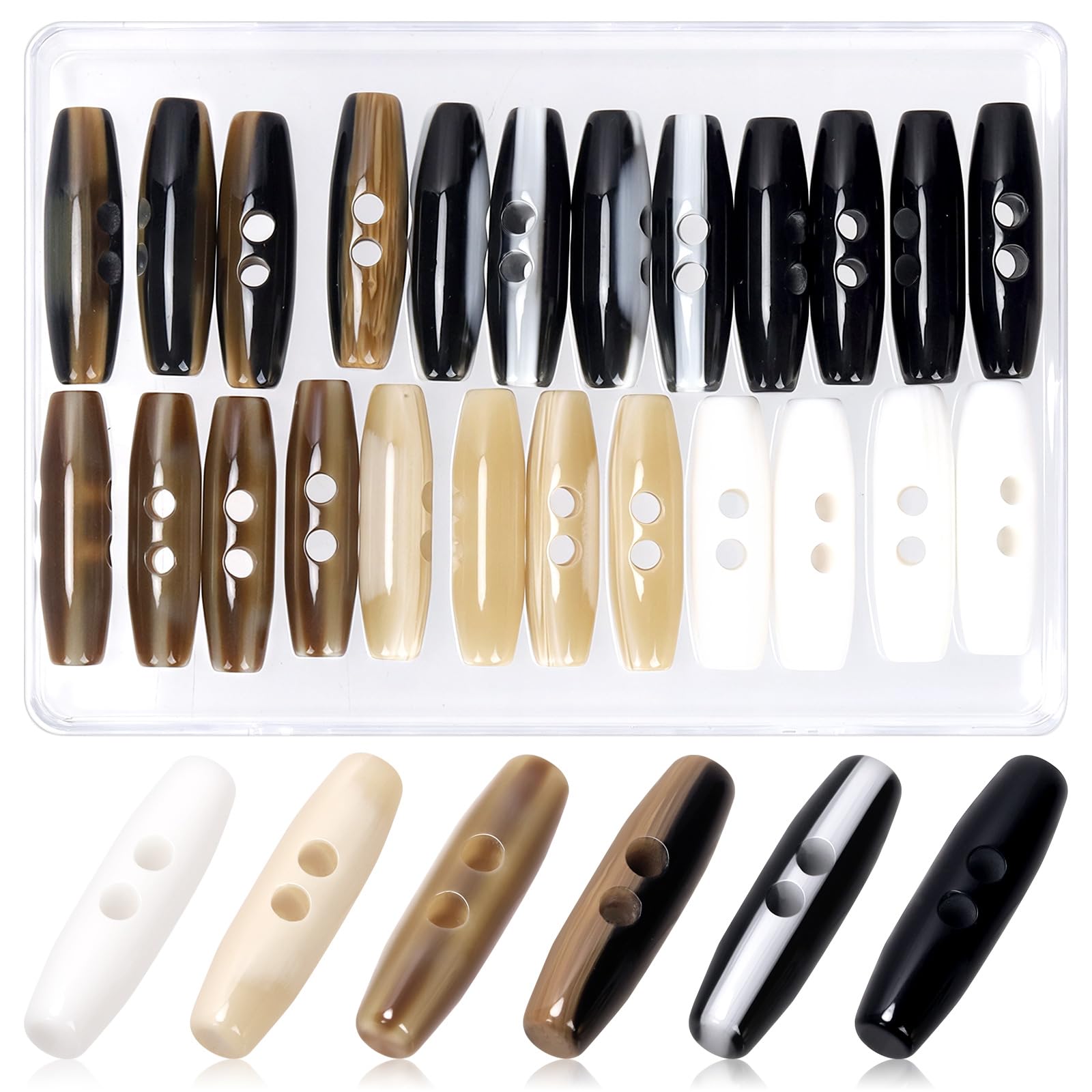 Mardatt 24PCS Resin-Double Hole Toggle Buttons Kit, 50mm 6 Colors Olive Sewing Accessory for Jacket Clothing Coat Jacket Sweater Craft Knitting DIY