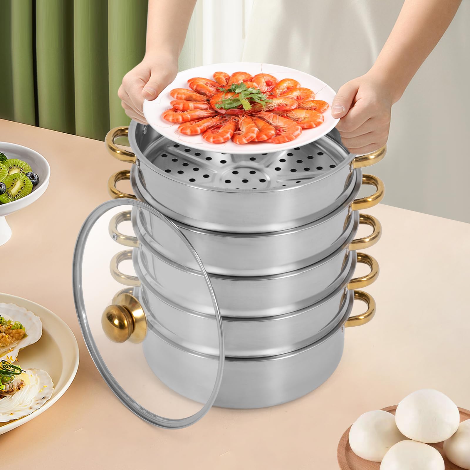 5-Ebenen Dampfgarer Topf Edelstahl mit Deckel 26 cm, 5L Rund, Freistehend