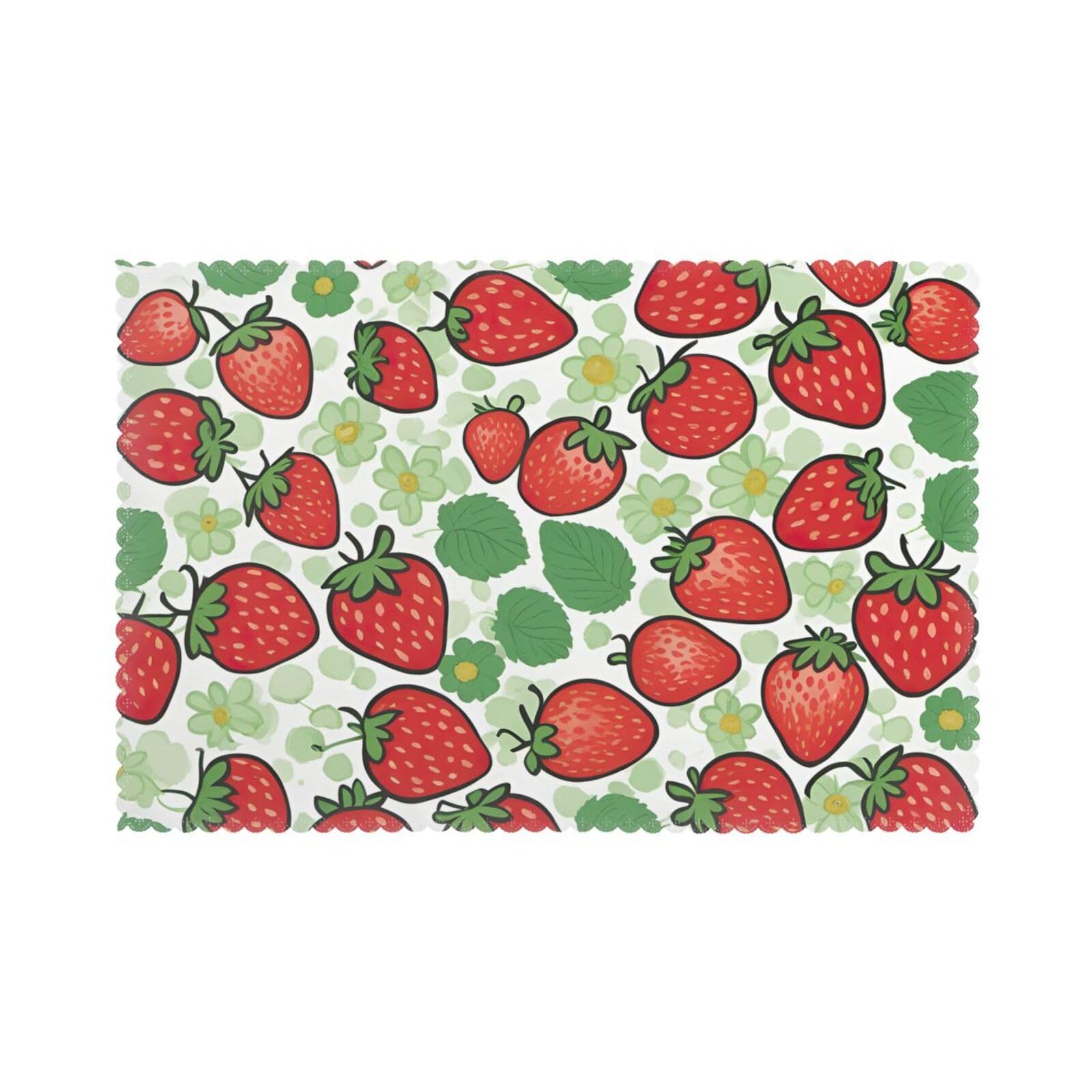 Strawberry pattern Print Placemats for Dining Table Set of 6 12x18 Inch Table Mats for Party Kitchen Dining.