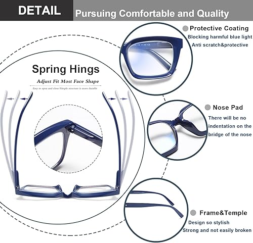 Miniatura 4 de 2 pares de anteojos de lectura de gran tamaño para mujeres y hombres, lentes de lectura cuadrados con bloqueo de luz azul grande para mujeres con