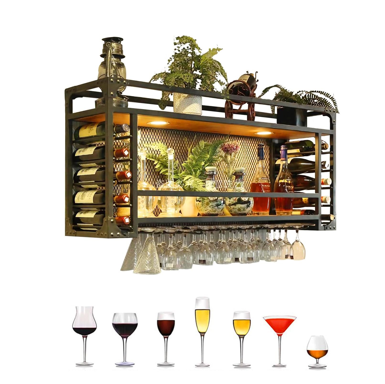 Soporte de metal para copas de vino de 105 cm, montado en la pared, con colgador de vasos, fácil de instalar, para bar, cafetería, cocina, estantes flotantes de vino, diseño 2 en 1, ligero y elegante