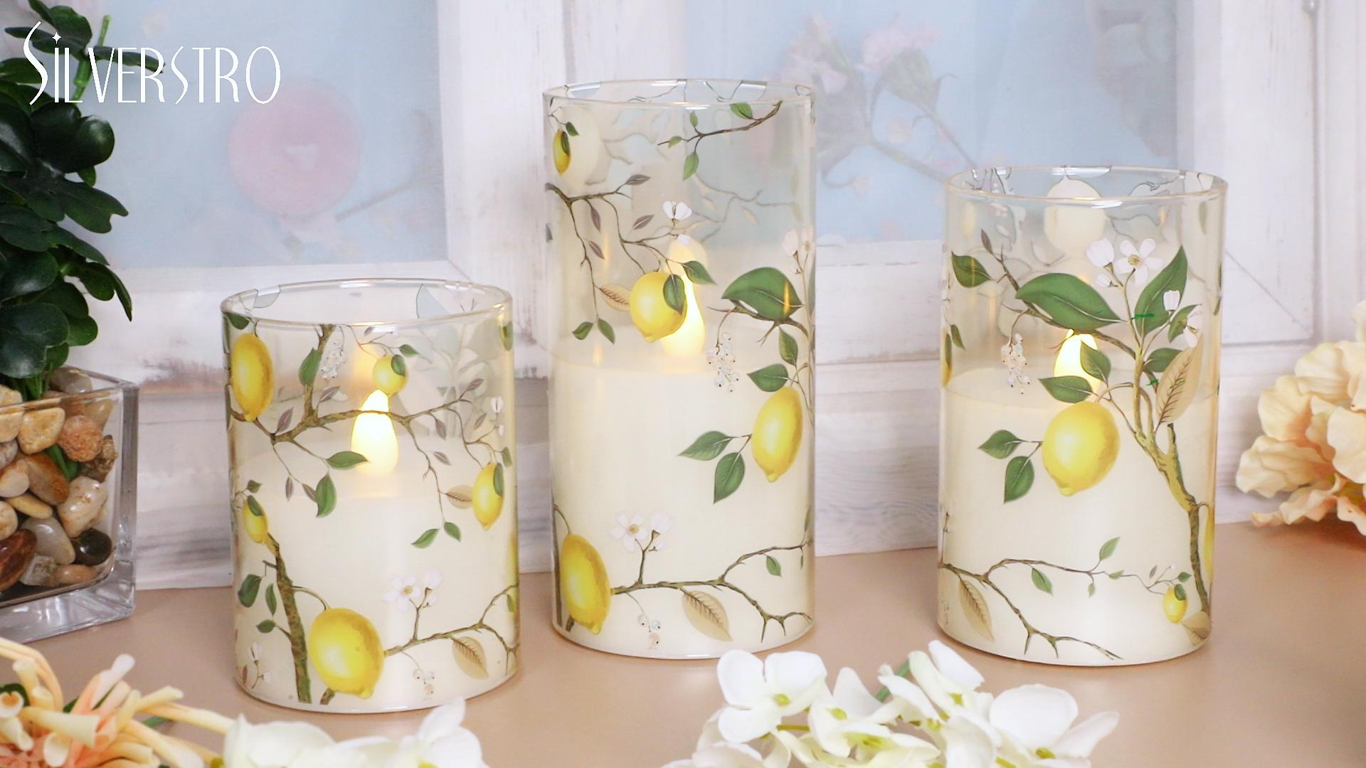 Image of Flameless LED Candles with Remote Lemon Decal Glass Flickering Battery Operated Candles for Home Room Party Wedding Holiday Christmas Valentine's Day Decor - Set of 3